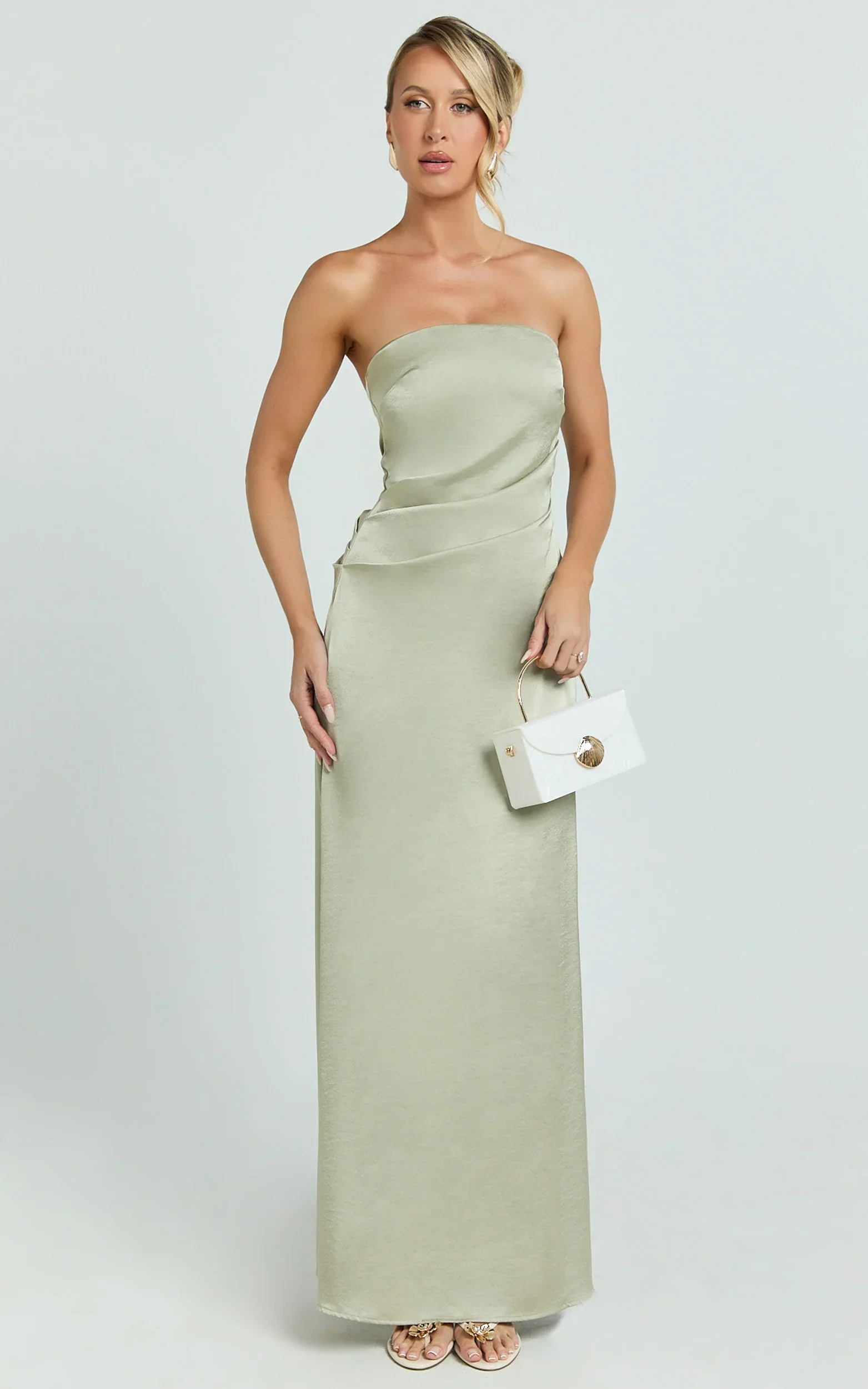 Laurie Maxi Dress - Strapless Draped Satin Dress in Light Olive
