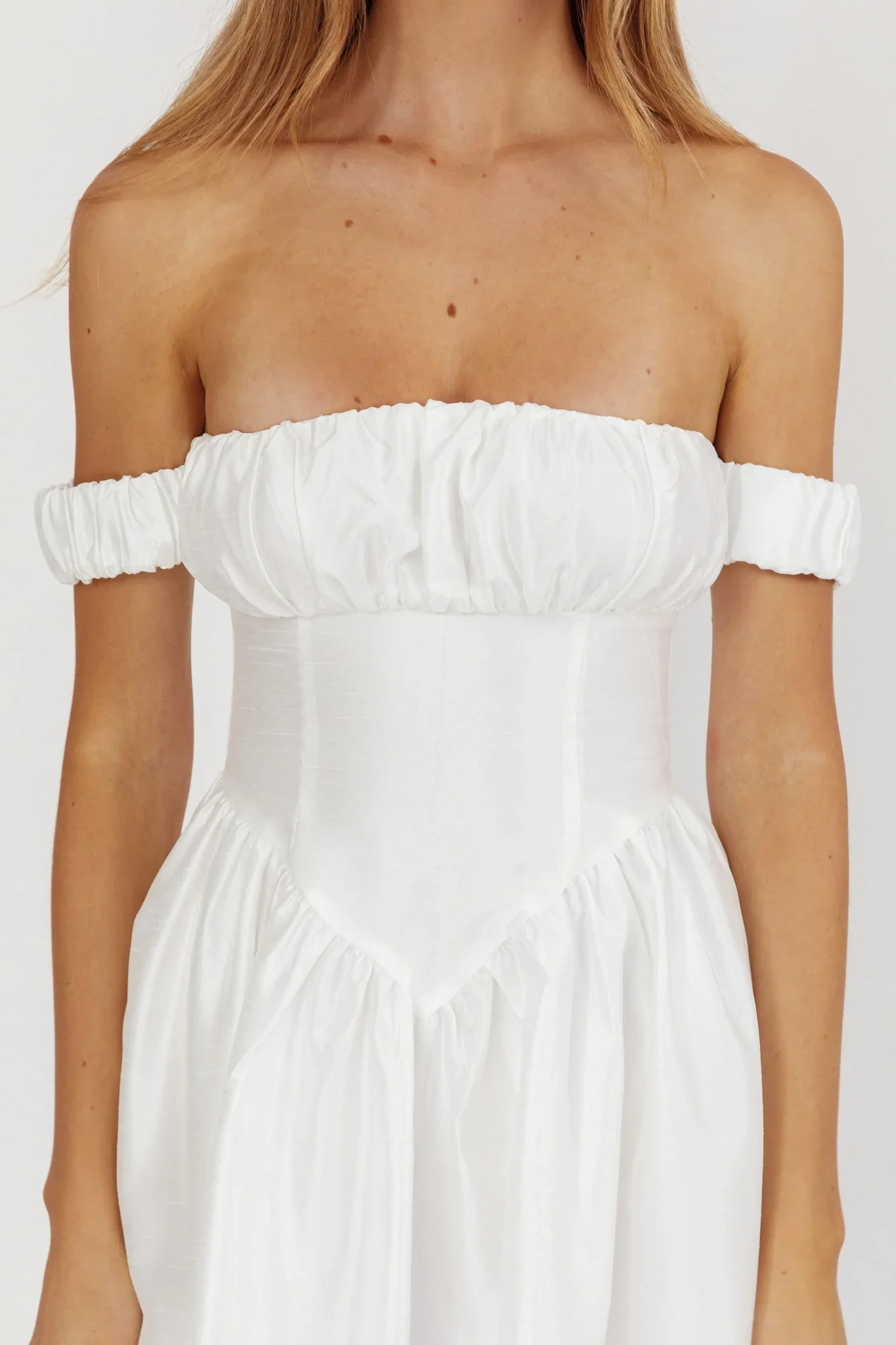 Ivory Basque Heavens Above Off-Shoulder Basque Waist Midi Dress Ivory - Rosylucy