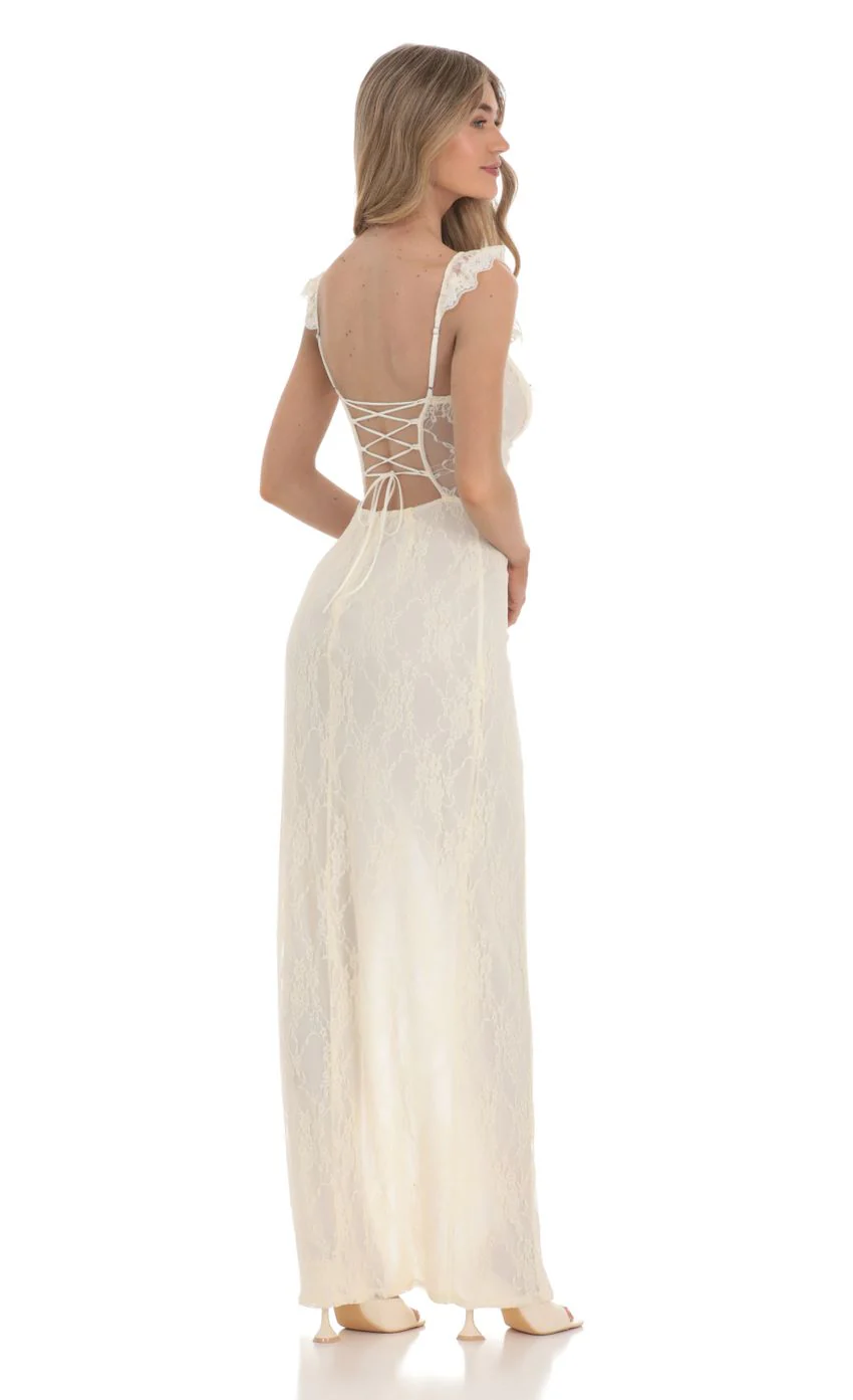 Lace Ruffle Sleeve Maxi Dress in Cream