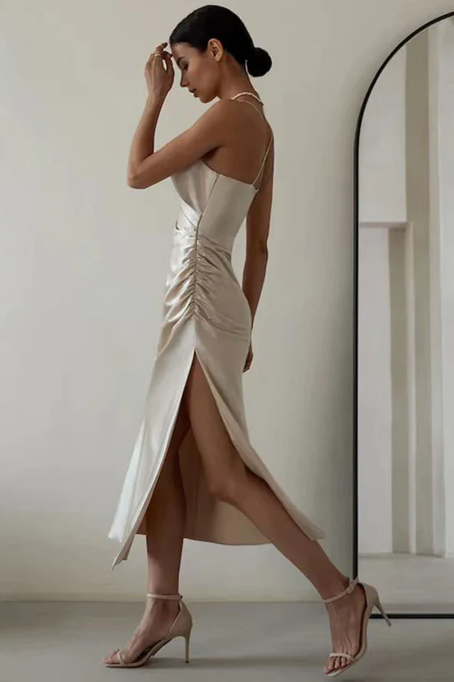 Ruched Trim High Split Cami Midi Dress