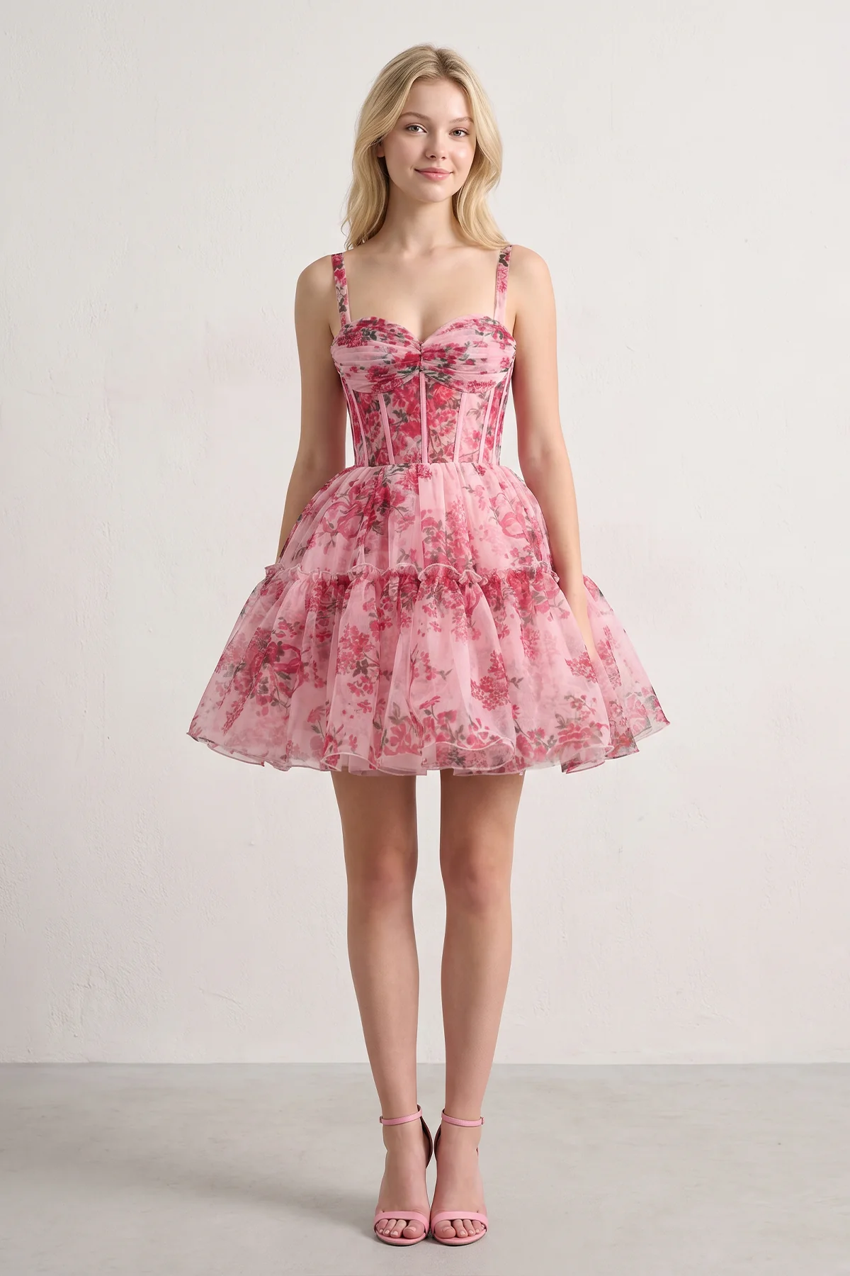 Pink - A Line Sweetheart Floral Tulle Short Homecoming Dresses