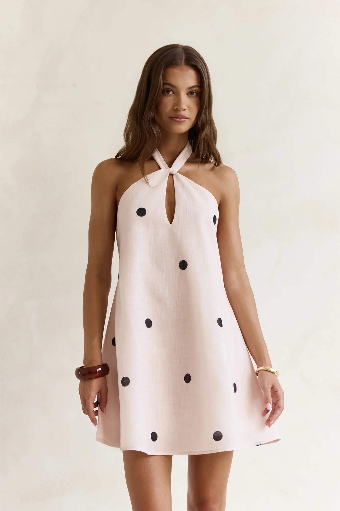 Faith In You Polka Dot Halter Mini Dress Beige - luluinthesky