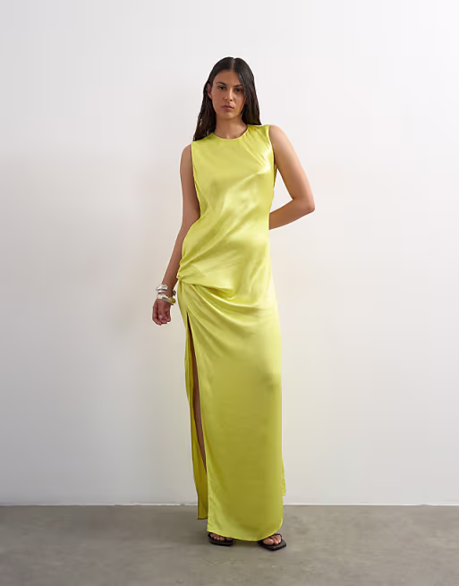 Topshop satin sleeveless knot side maxi dress in lime