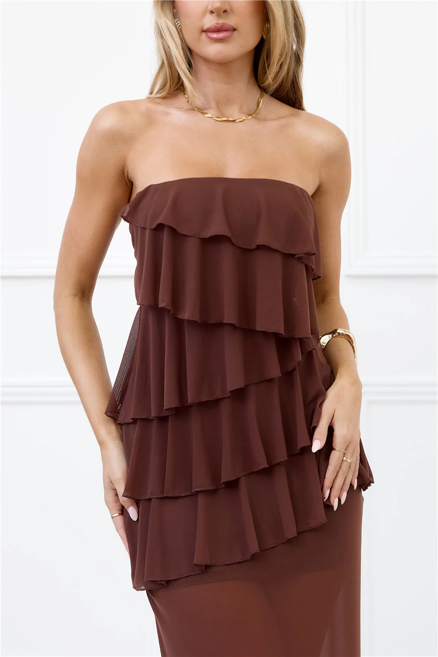 Wisp of Wonder Mesh Strapless Maxi Dress Brown