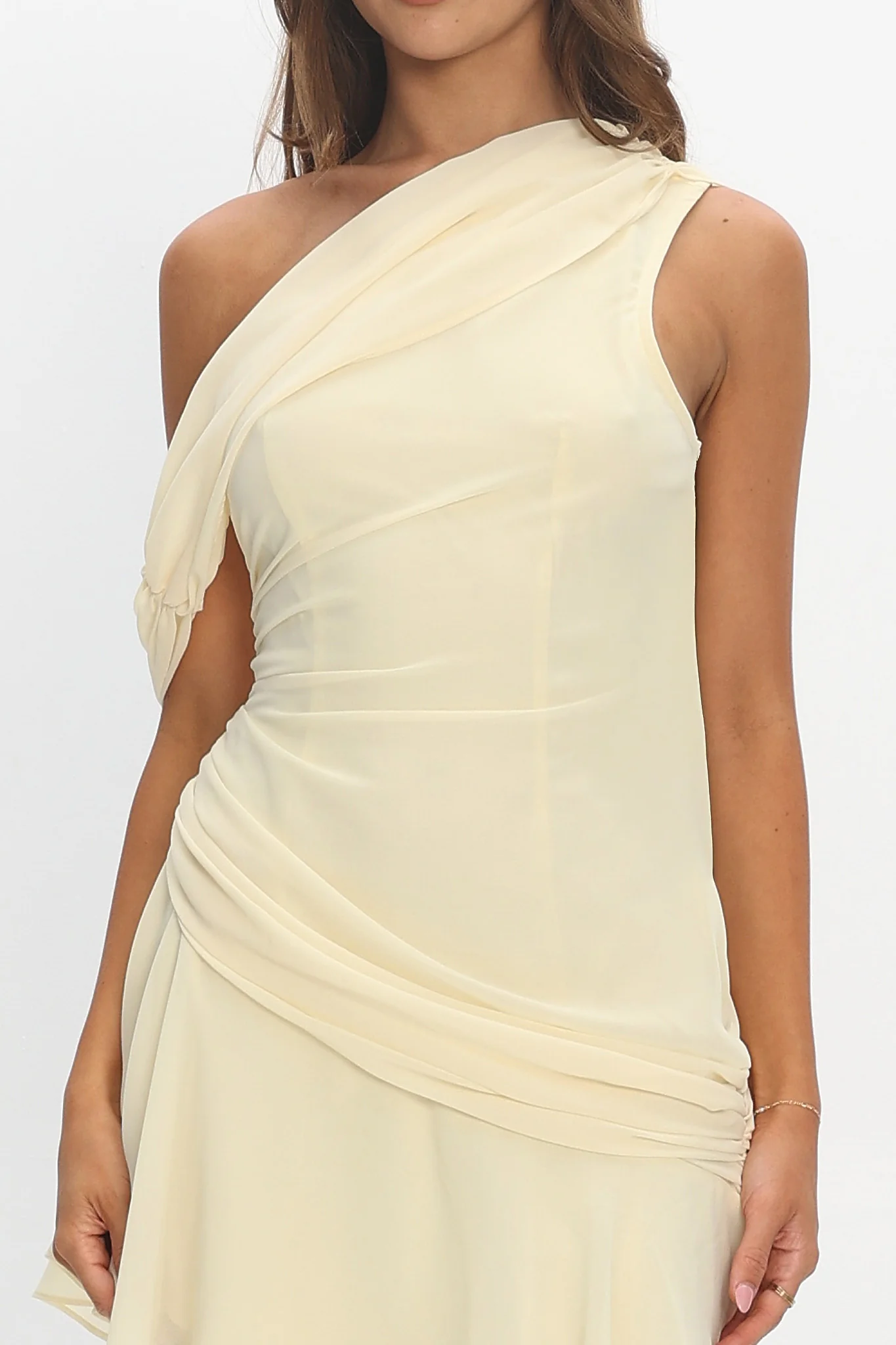 Anaisa One-Shoulder Draped Mini Dress Butter - luluinthesky