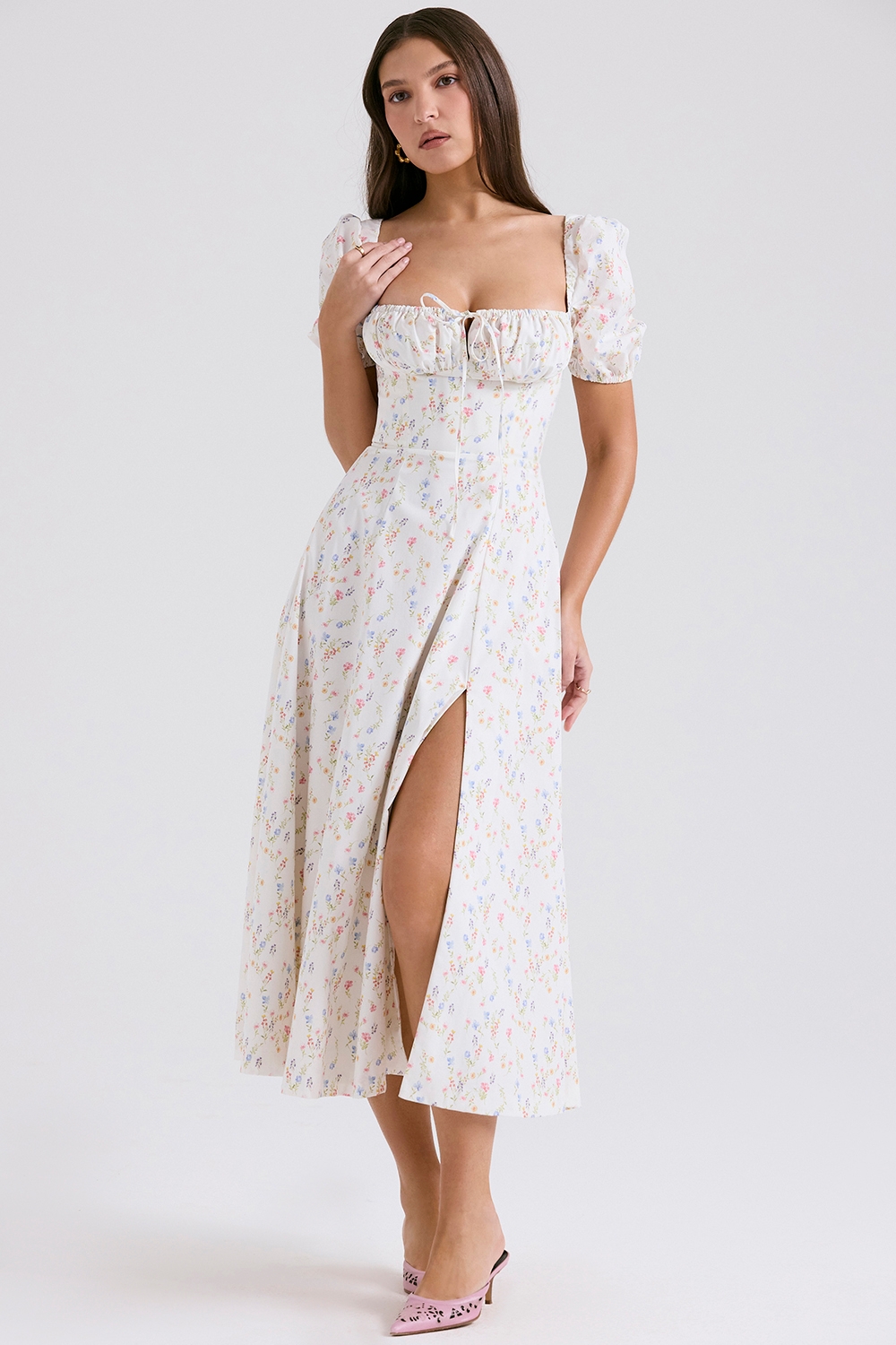 White Posy Print Cotton Puff Sleeve Midi Sundress