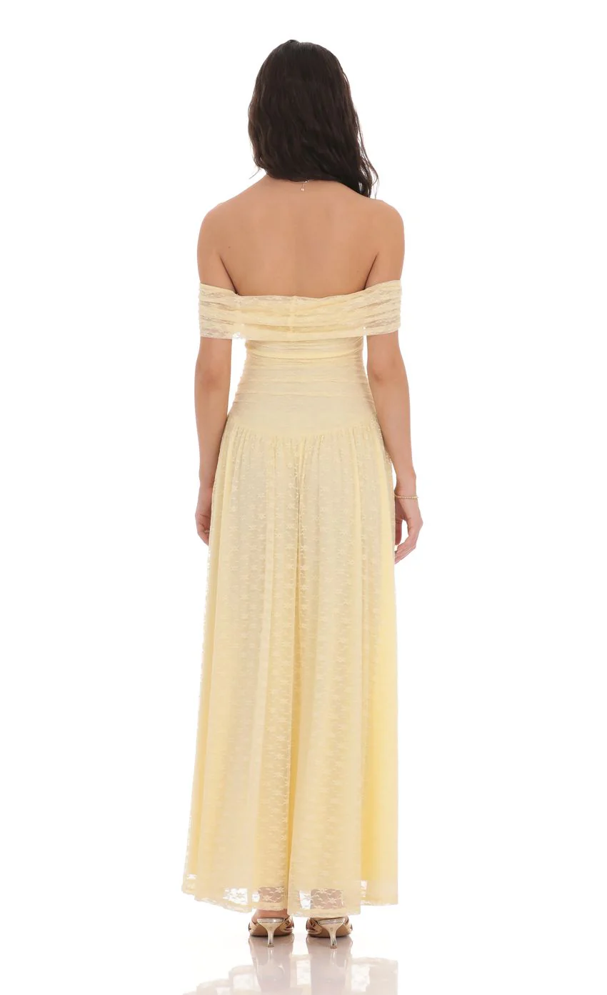 Lace Off Shoulder Maxi Dress in Yellow