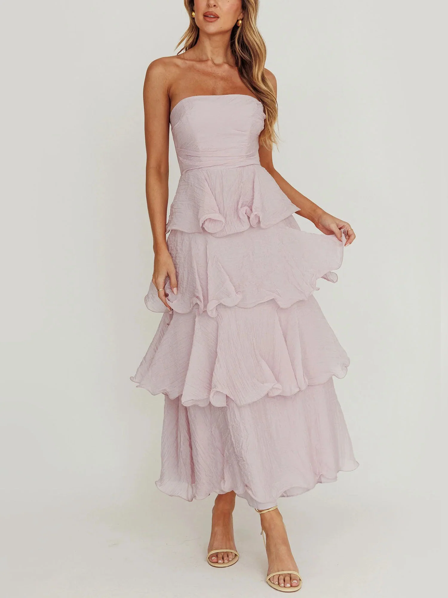 Light Purple Strapless Tiered Midi Dress
