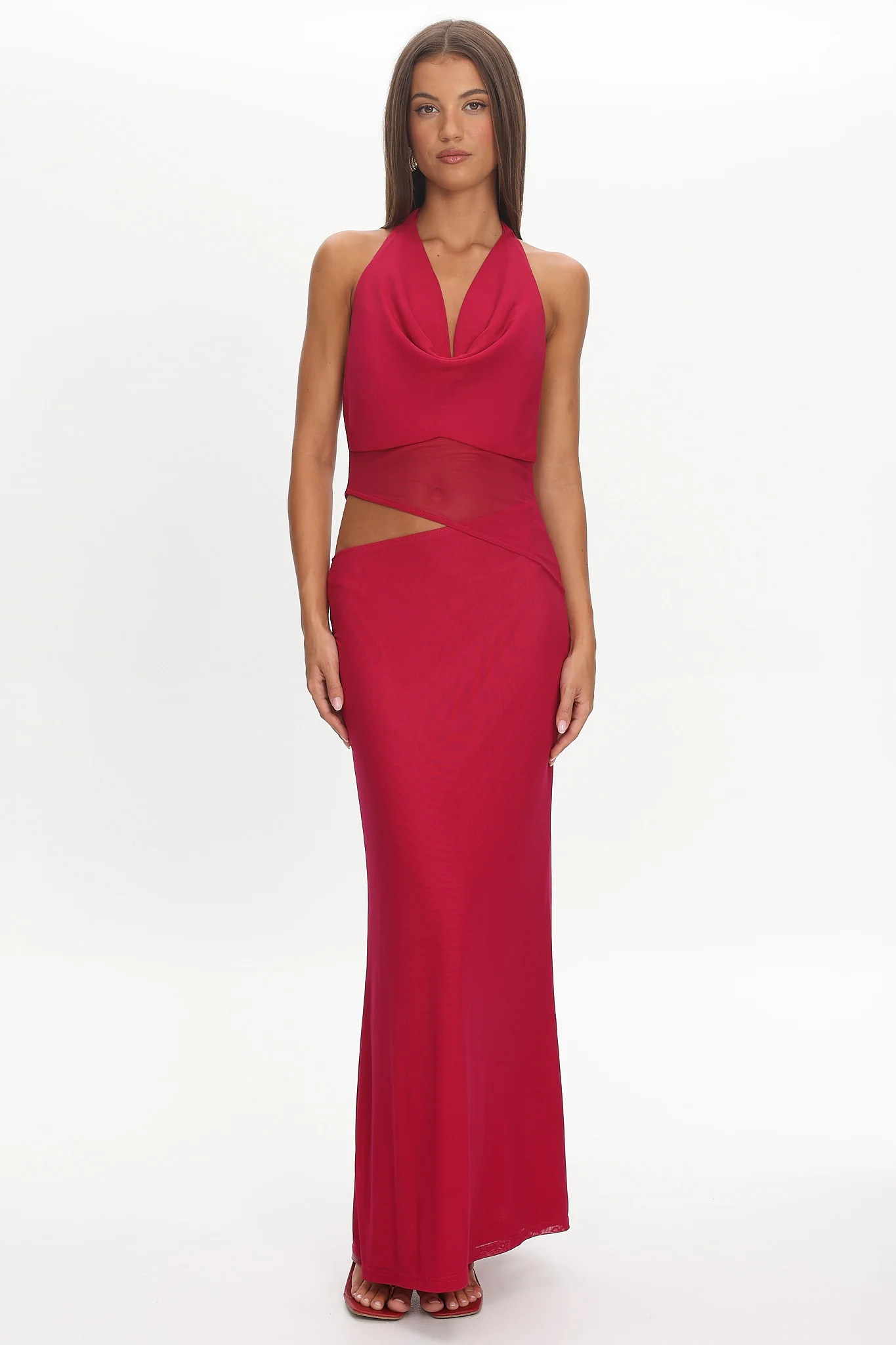 Playing Games Cut-Out Cowl Halter Dress Berry