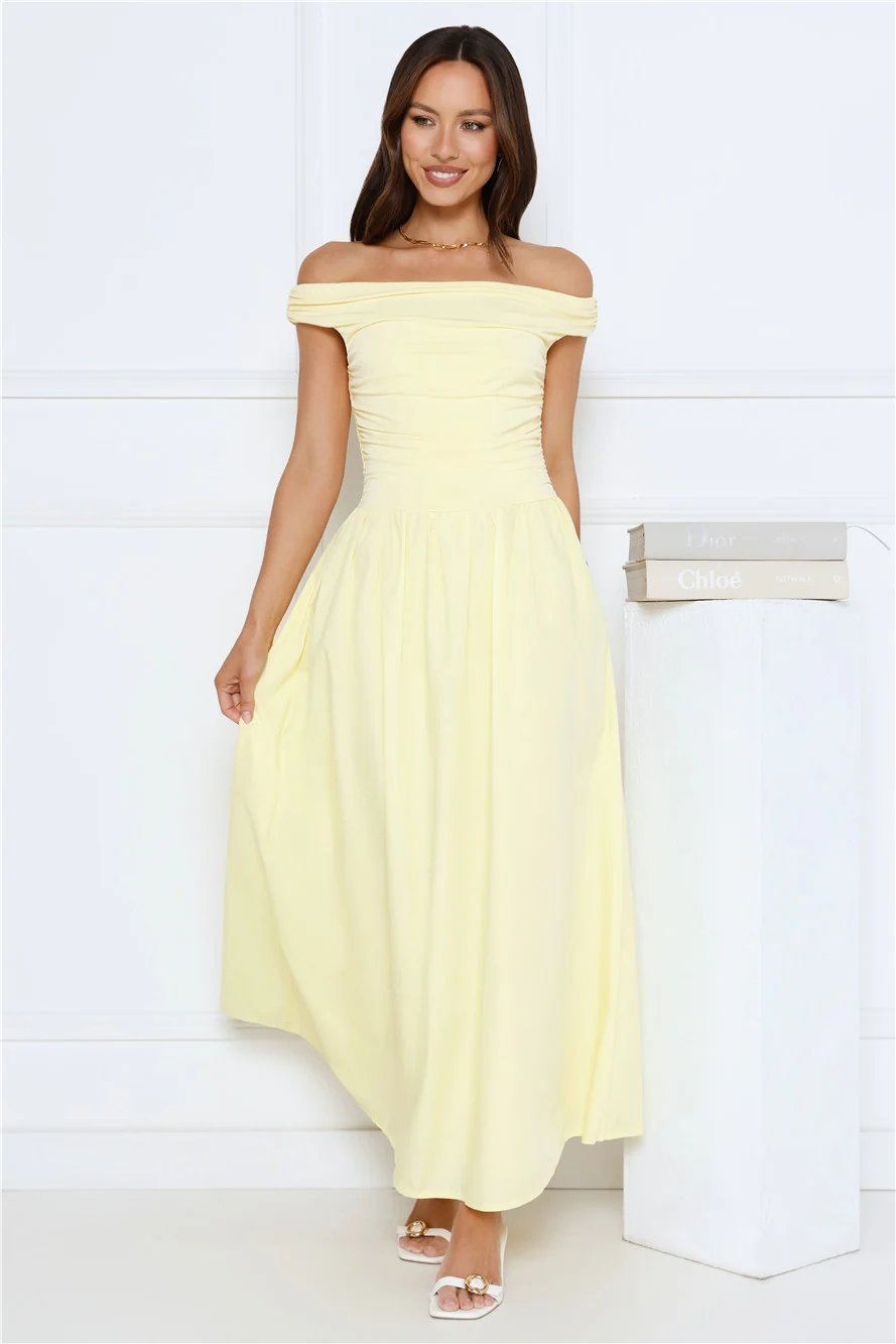 Camellia Charm Off Shoulder Maxi Dress Yellow