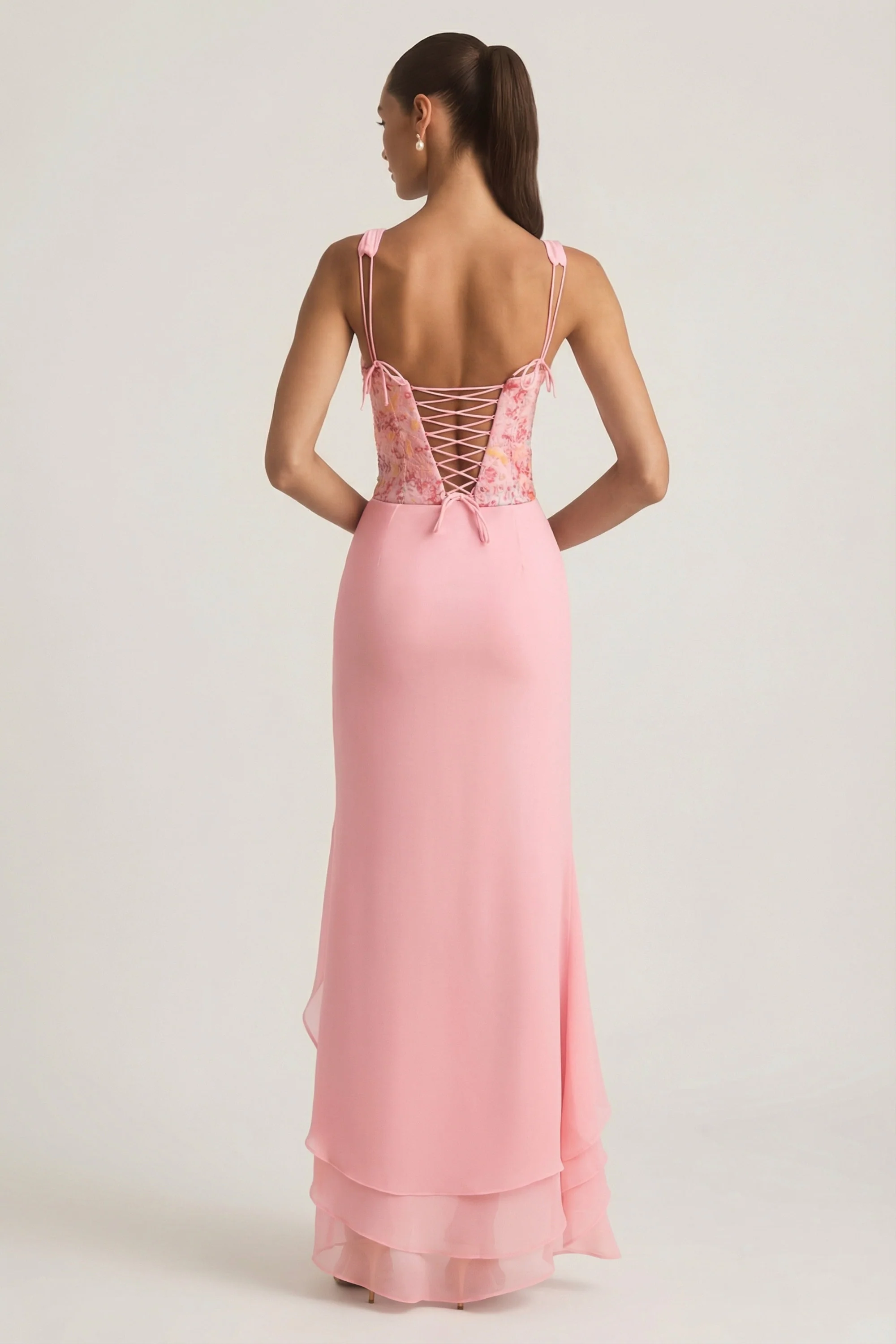 Embellished Plunge Ruffled Corset Maxi Dress in Pink