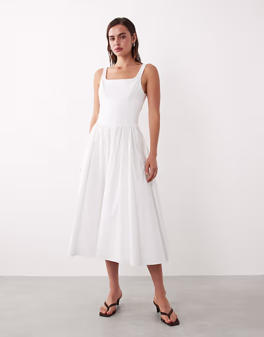Mango starring Hailey Bieber cotton mix scoop neck drop waist maxi dress in white