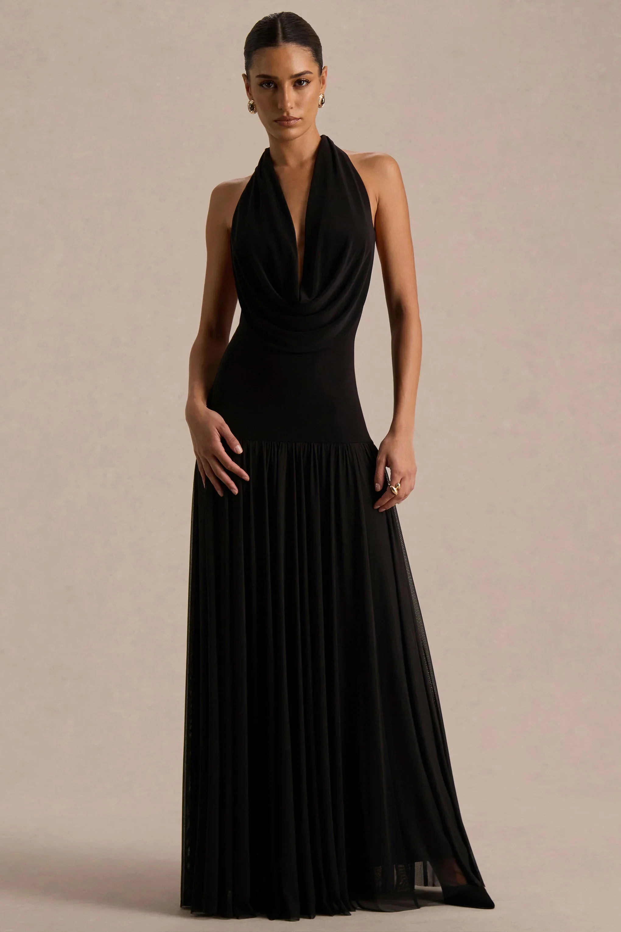 Verity | Black Cowl-Neck Maxi Dress With Sheer-Skirt