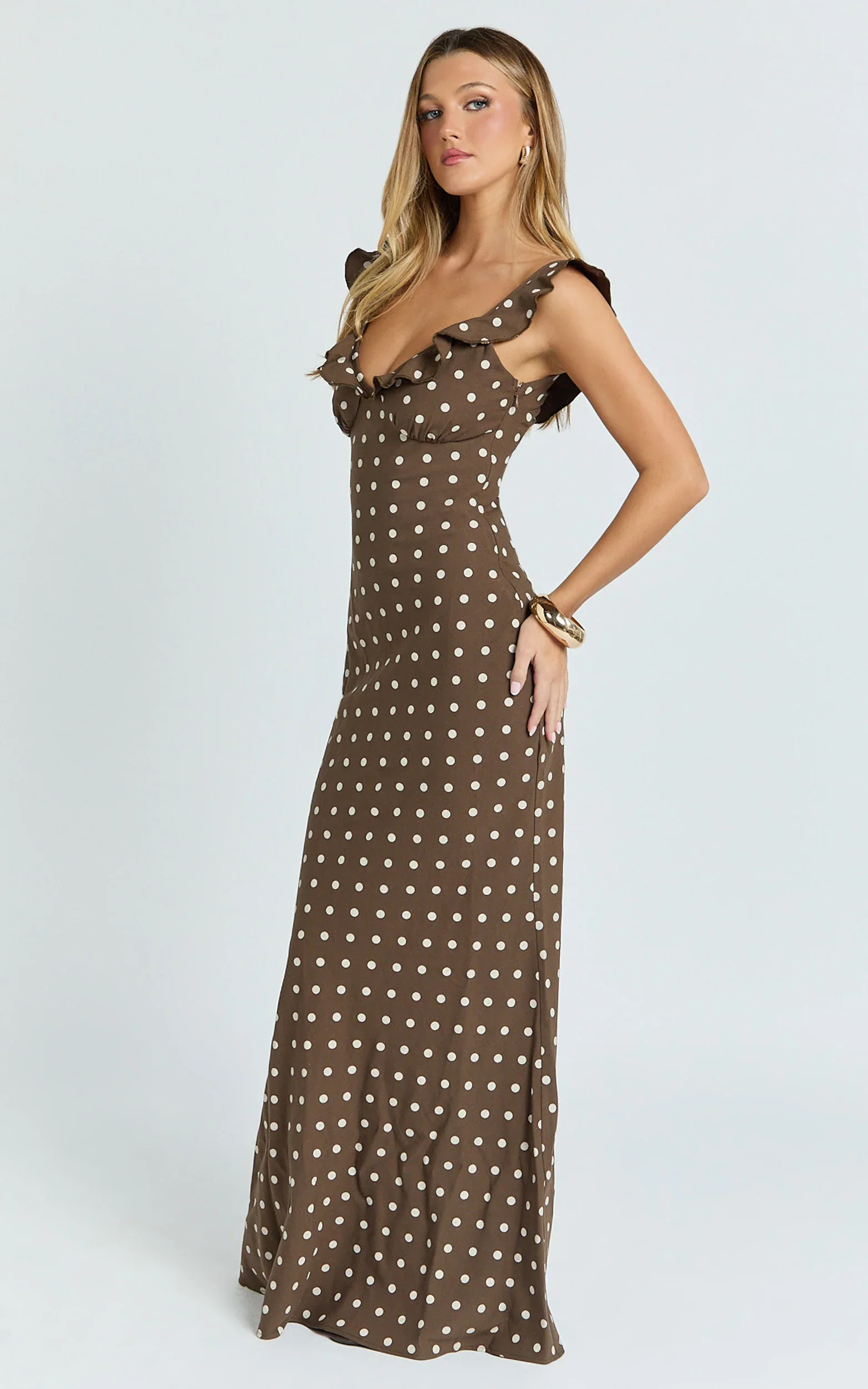 Isla Maxi Dress - Ruffle Sleeve Polka Dot Dress in Chocolate Polka Dot