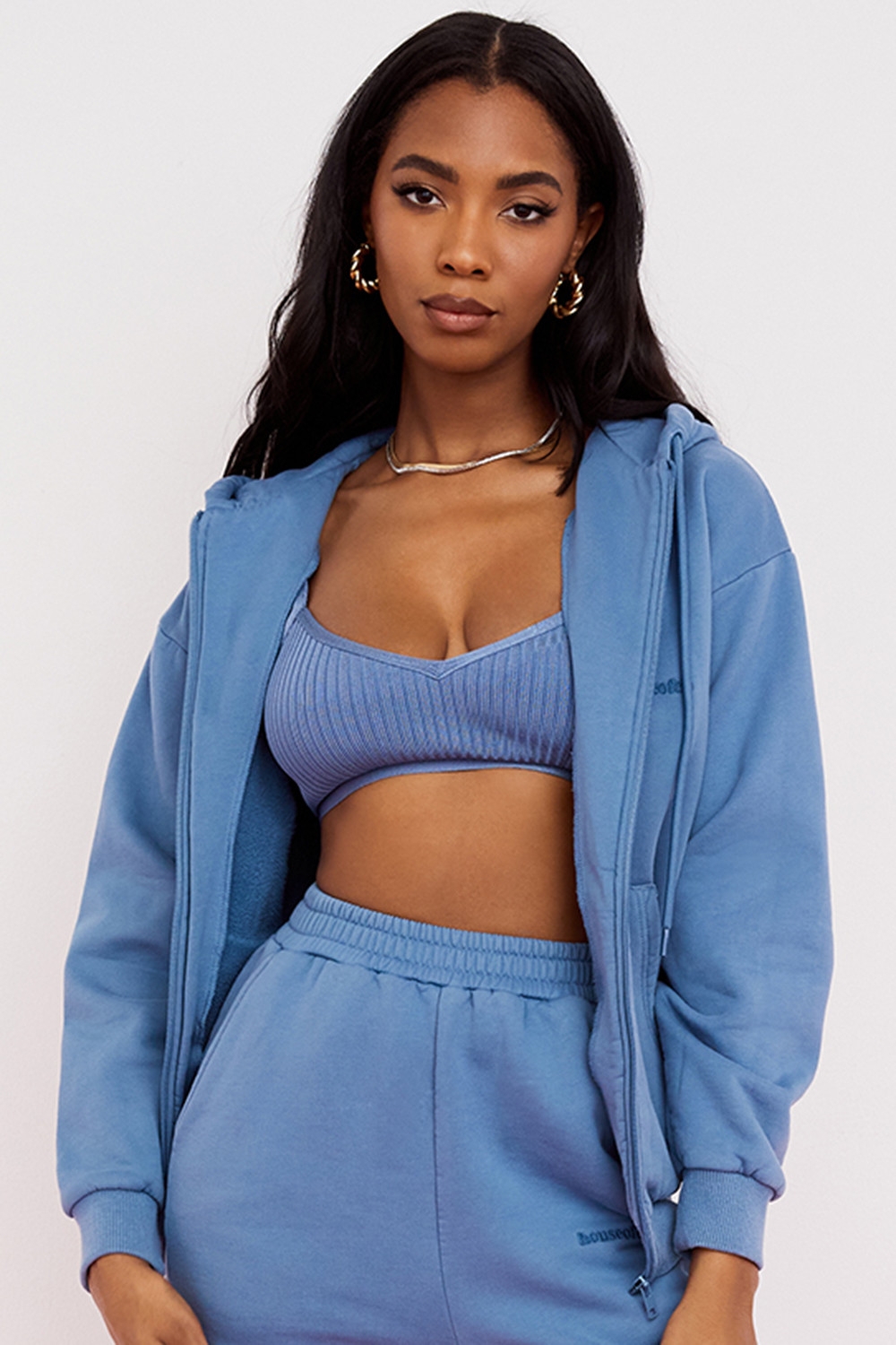 azure cotton fleece-back zip through hoodie