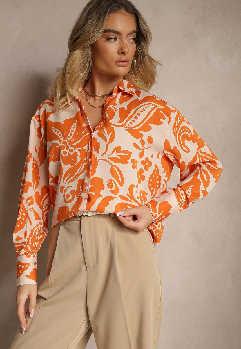 Pomarańczowa Koszula Oversize w Kwiatowy Print Boinea