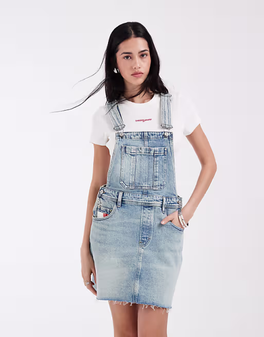 Tommy Jeans denim overalls dress in light wash blue