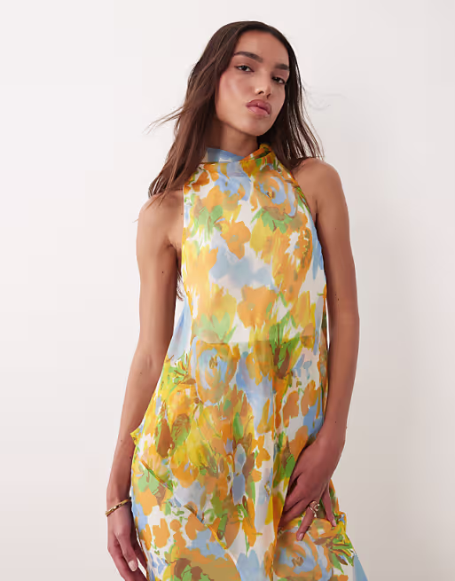 chiffon high neck double layer maxi dress in floral print