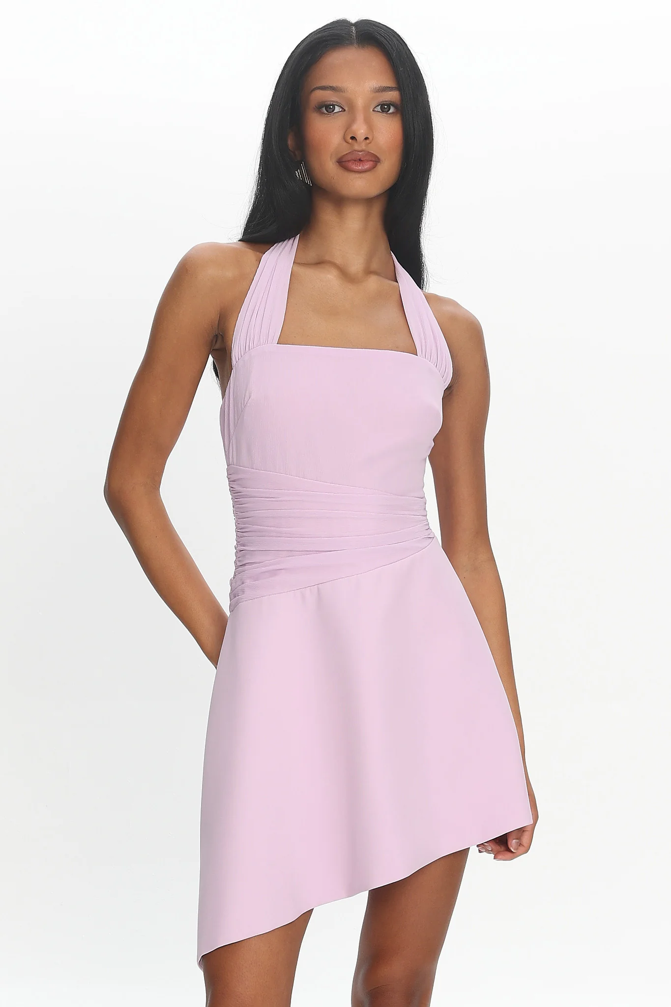 Painted Kisses Asymmetric Halter Mini Dress Lilac