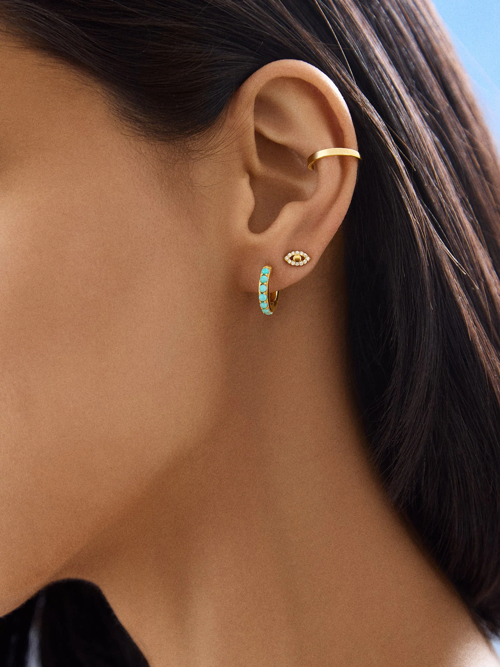 14K Gold Semi-Precious Huggie Earrings - Turquoise
