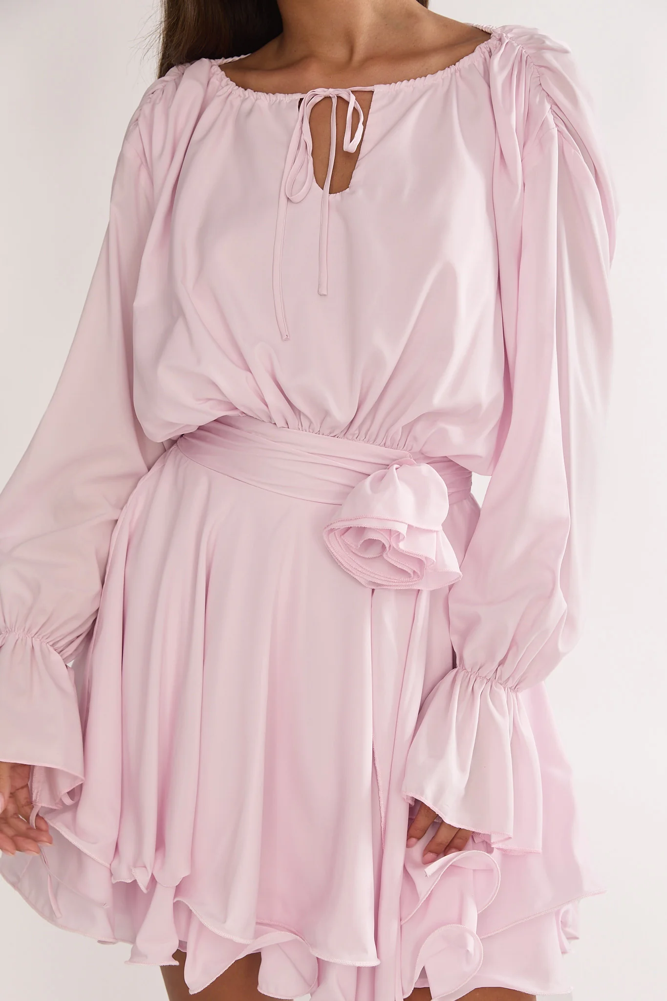Maeva Long Balloon Sleeve Rosette Mini Dress Baby Pink - luluinthesky