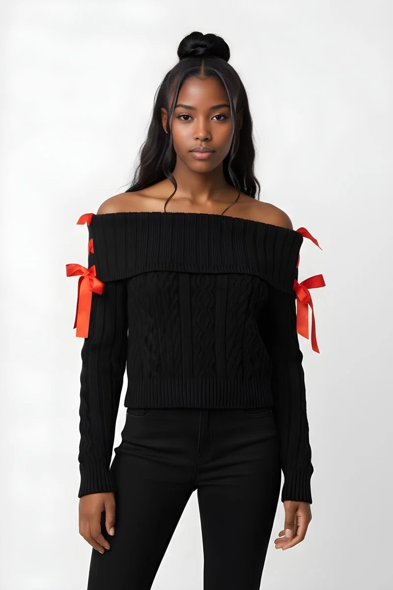 Off-The-Shoulder Ribbon Sweater