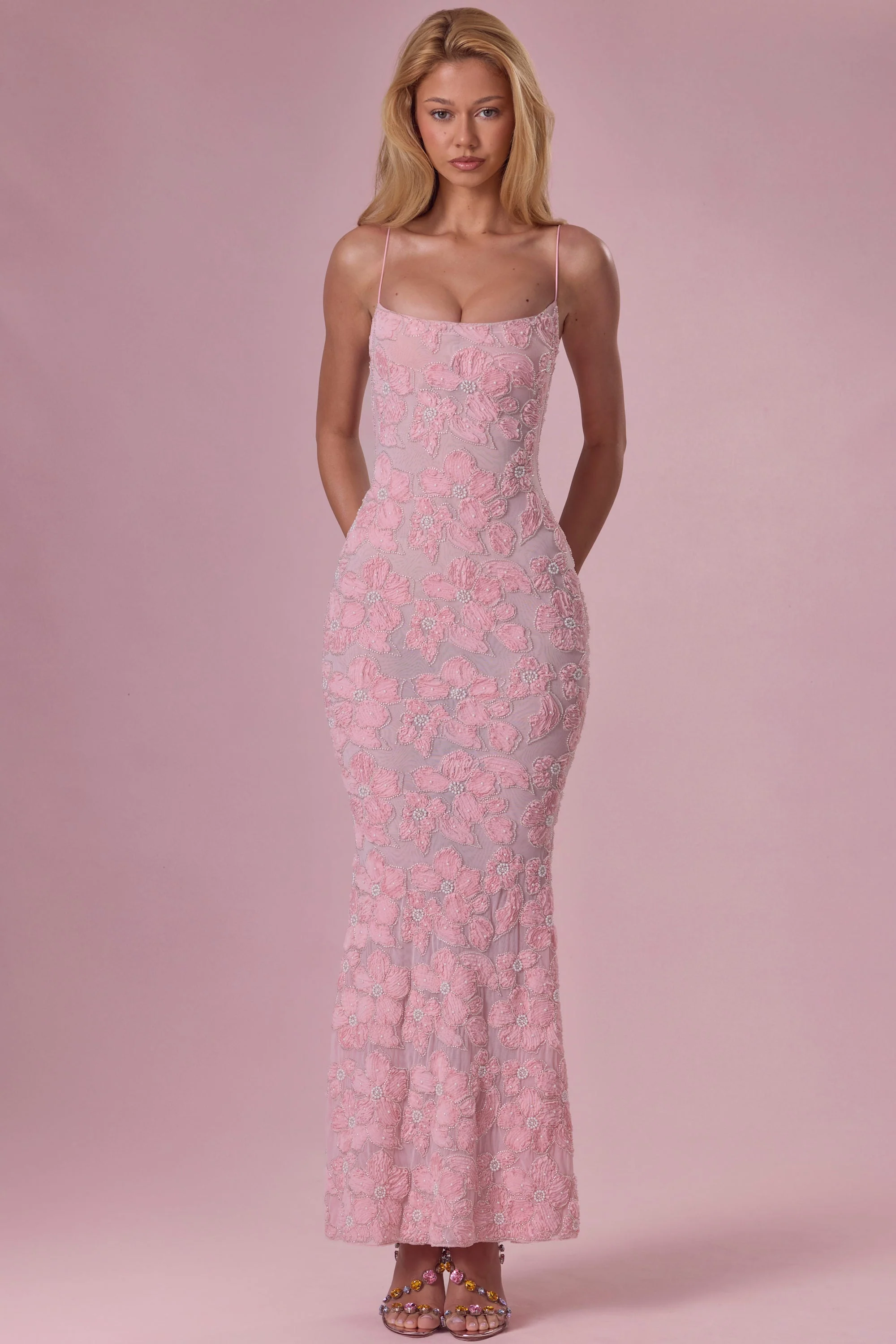 Embellished Square Neck Maxi Dress in Blush