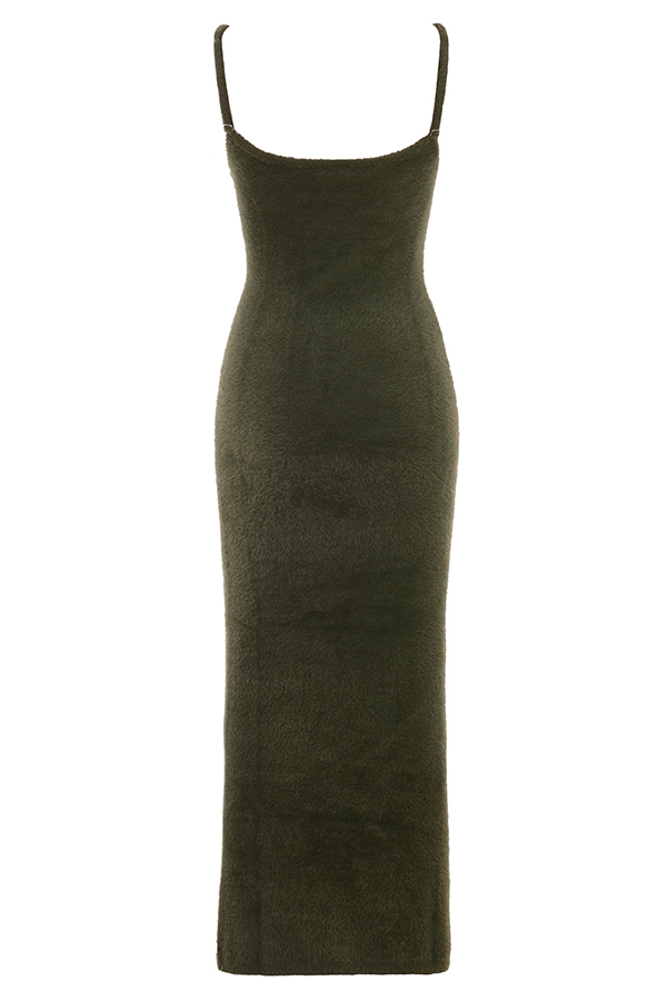 Khaki Soft Fluffy Knit Maxi Dress