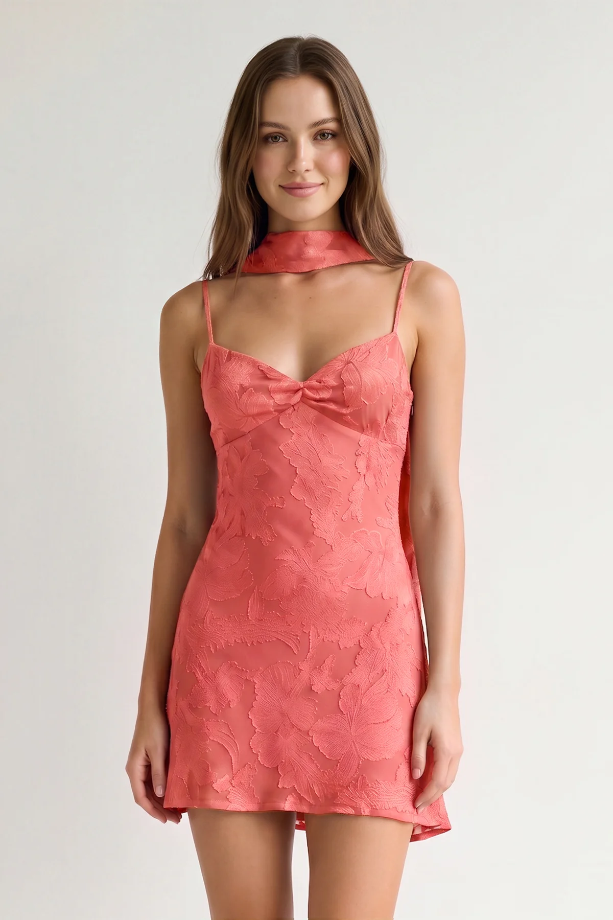 Red Jacquard Chiffon Cami Straps Sheath Homecoming Dress with Scarf