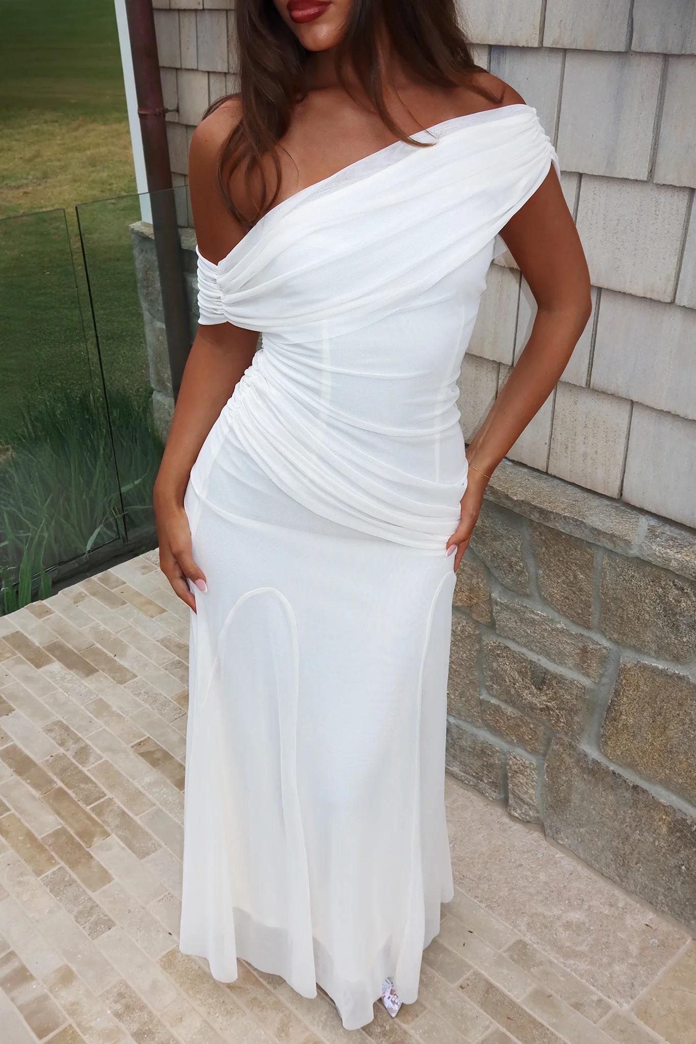 Anaisa Asymmetric Neckline Draped Maxi Dress Oyster