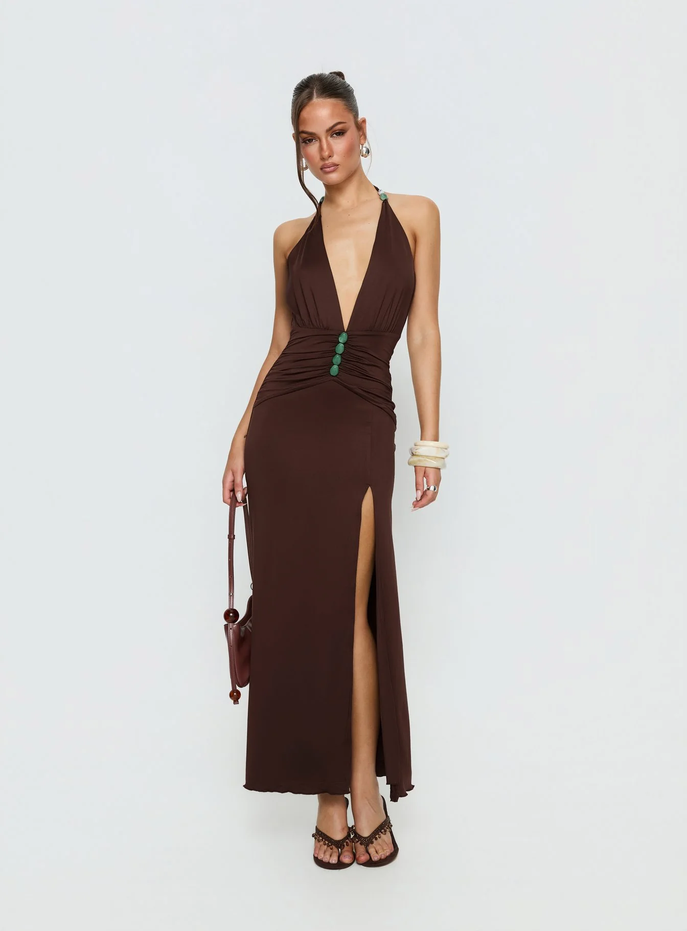 Sasami Halter Plunge Maxi Dress Chocolate