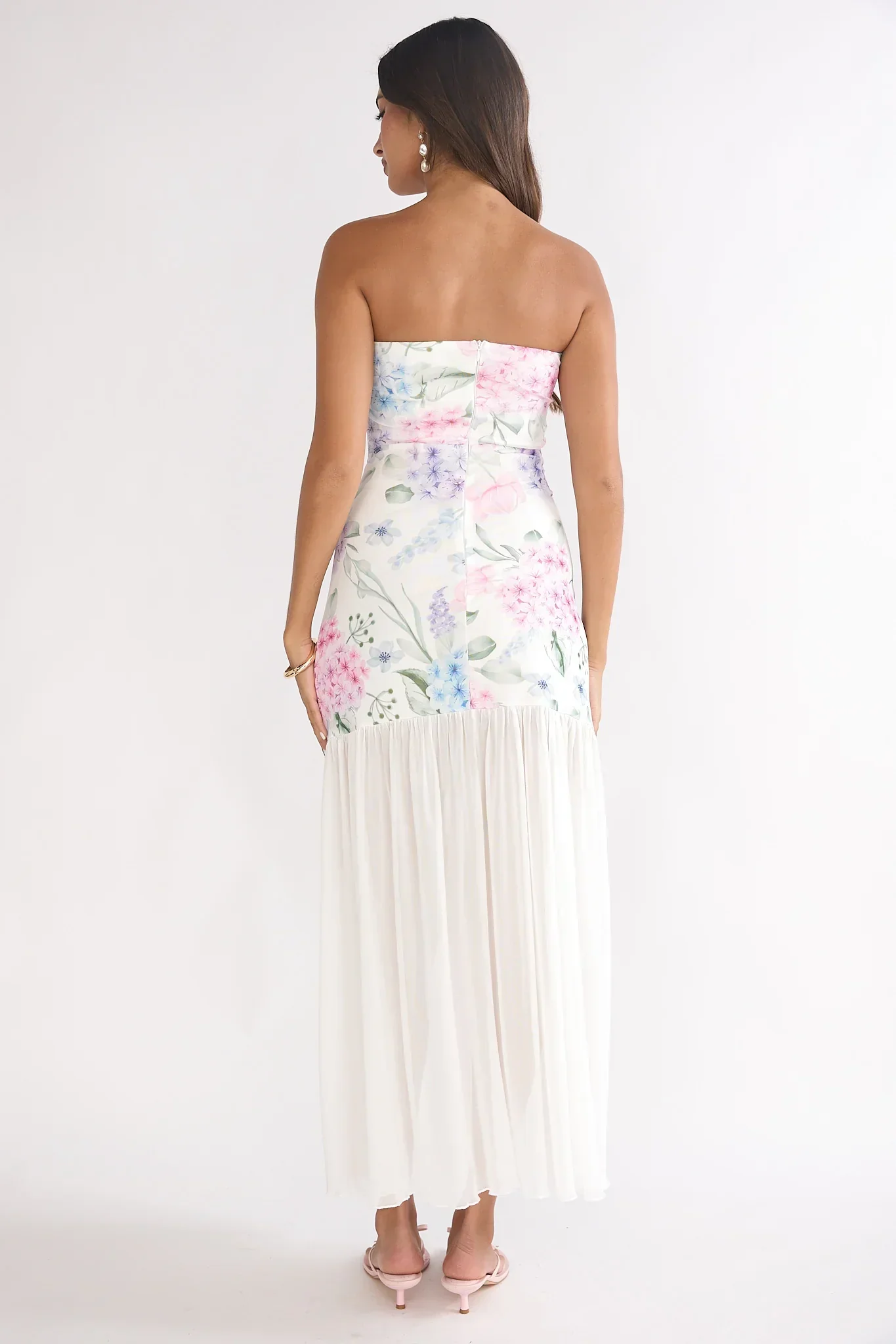 Wilma Sheer Hem Strapless Maxi Dress Flowers Blue