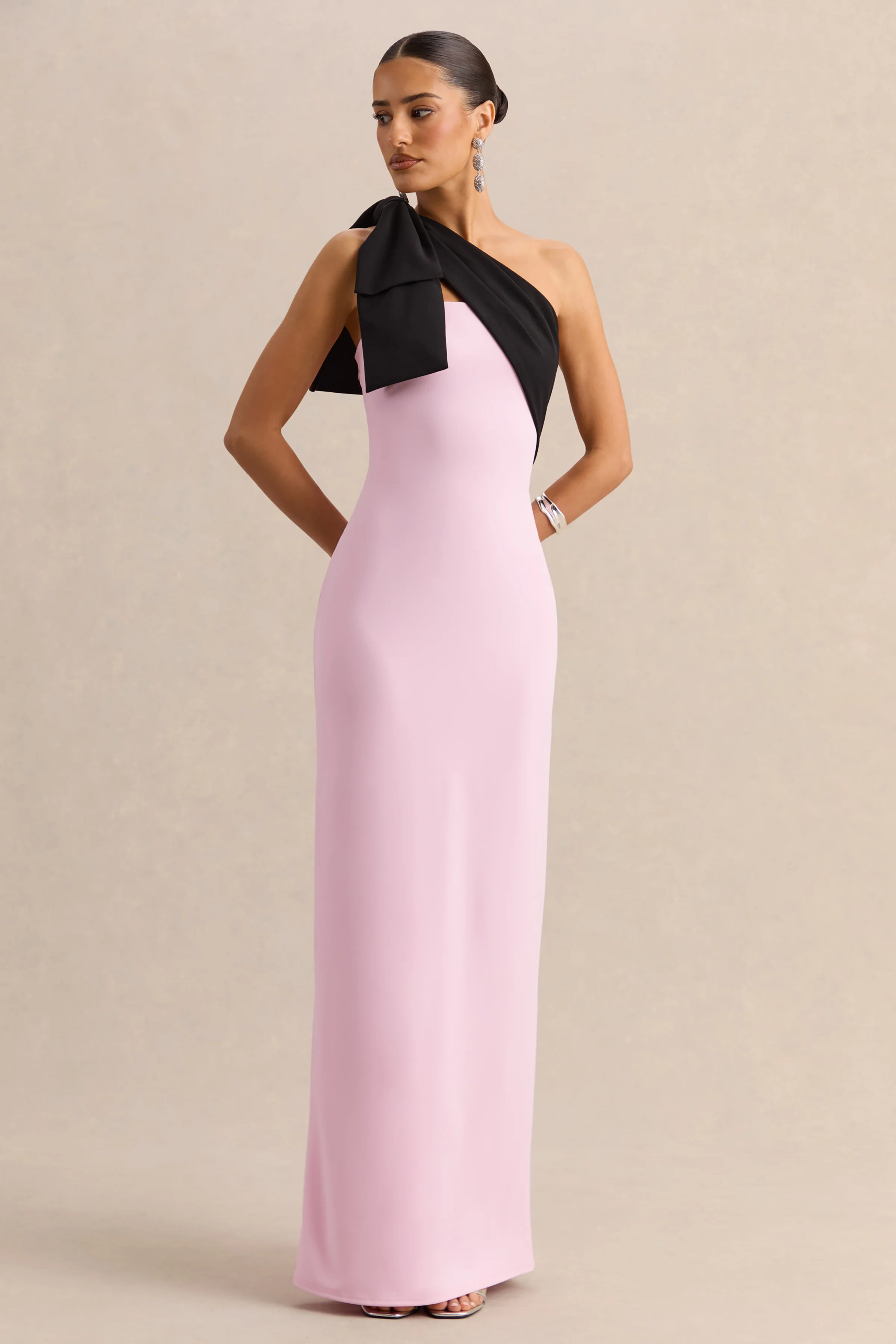 Adara | Pink & Black Asymmetric-Neck Maxi Dress With Bow-Detail