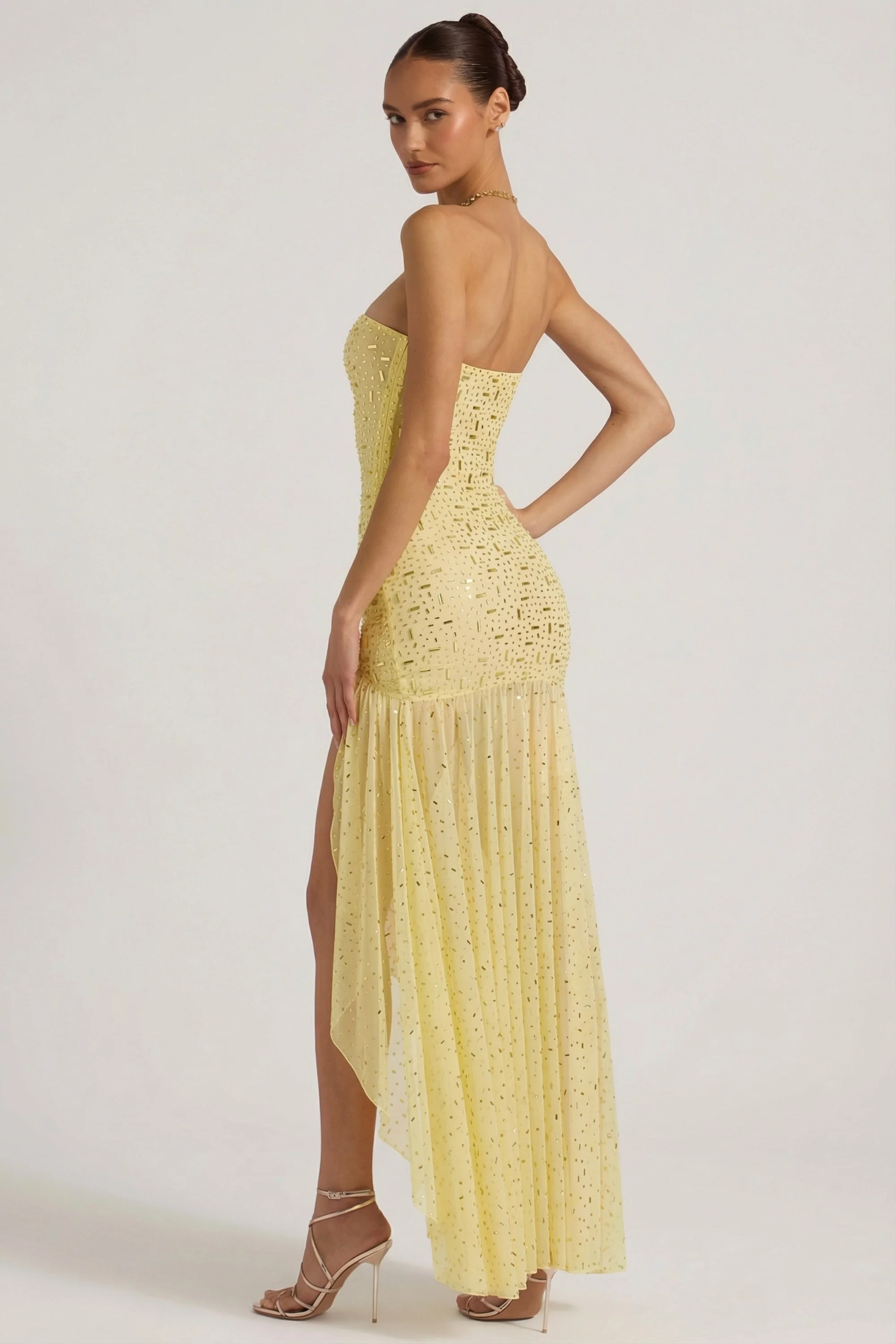 Semi-Sheer Embellished Asymmetric Maxi Dress in Yellow
