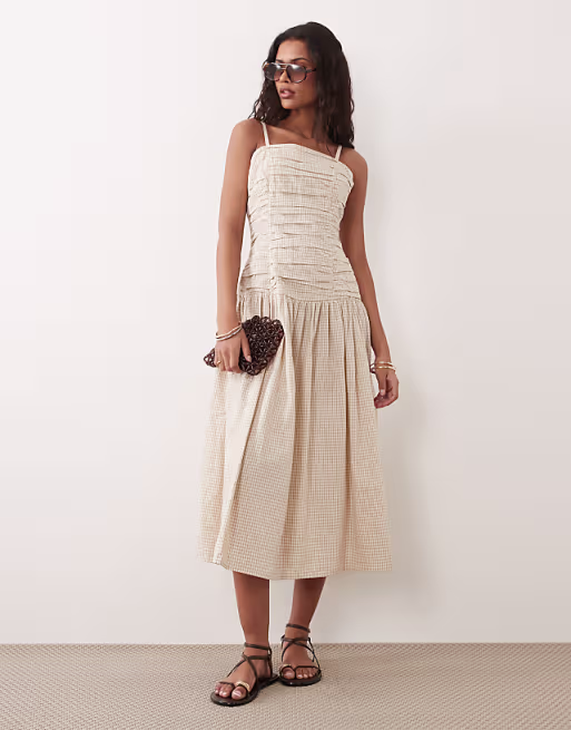 Brave Soul strappy midi dress with ruched bodice in brown gingham plaid