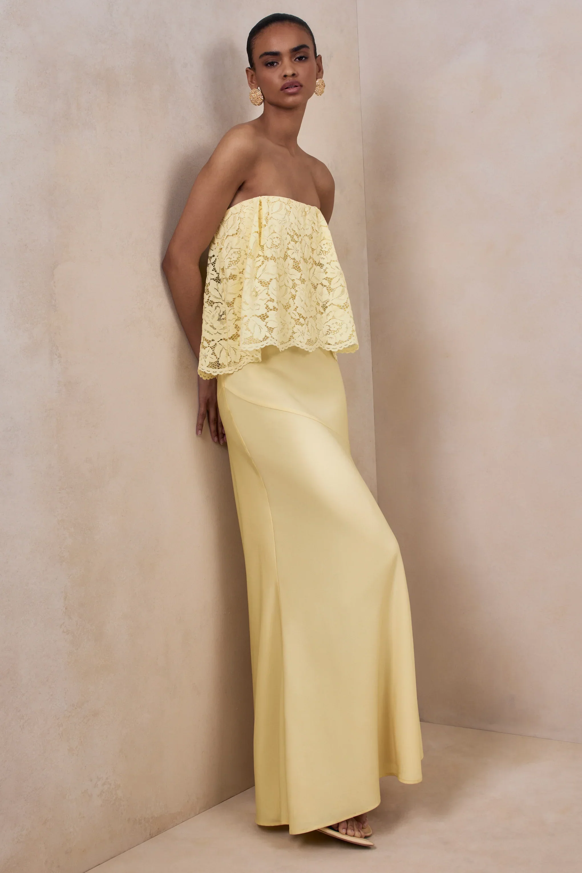 Clemency | Lemon Lace And Satin Bandeau Maxi Dress
