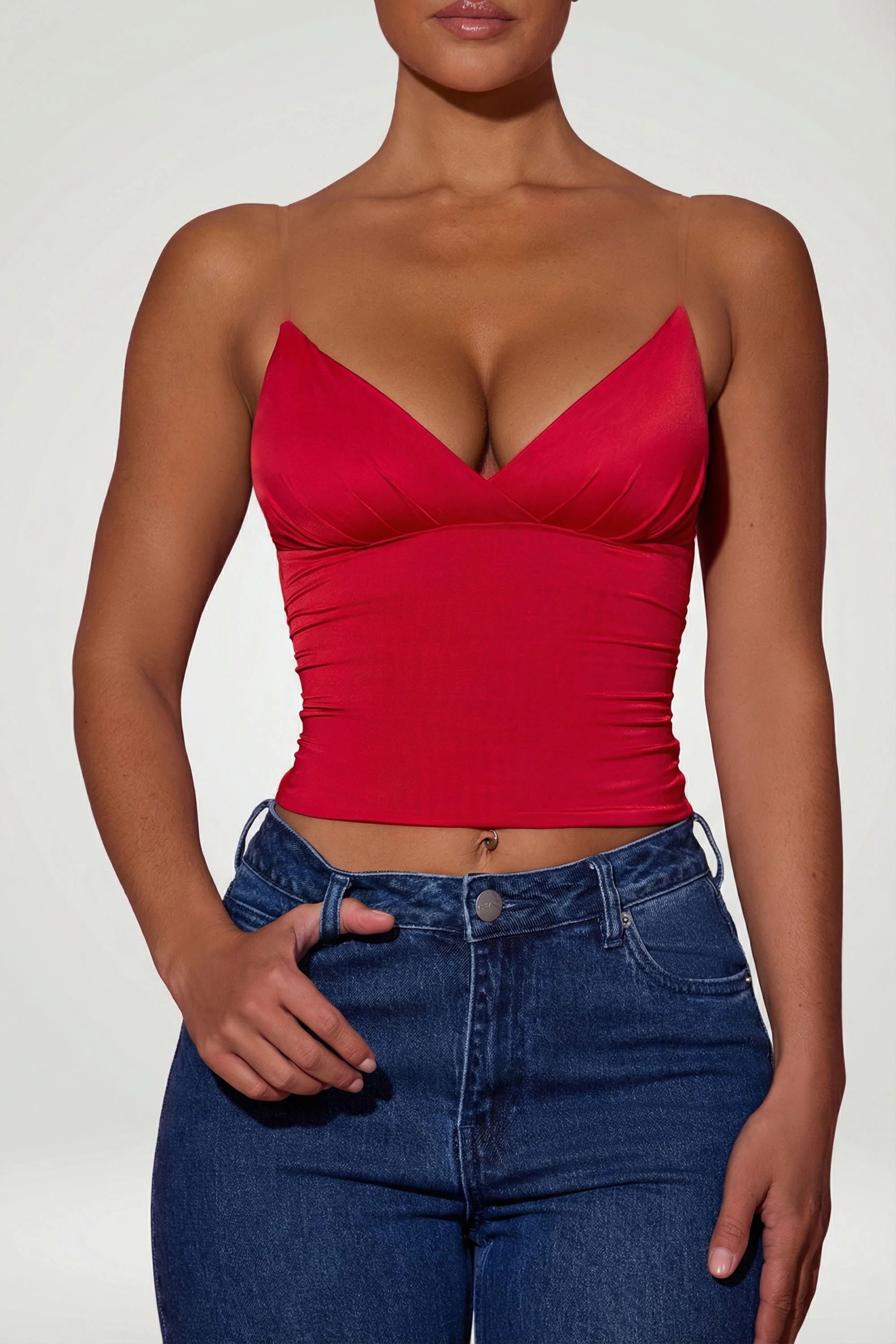 Ruched Plunge-Neck Camisole Top in Red