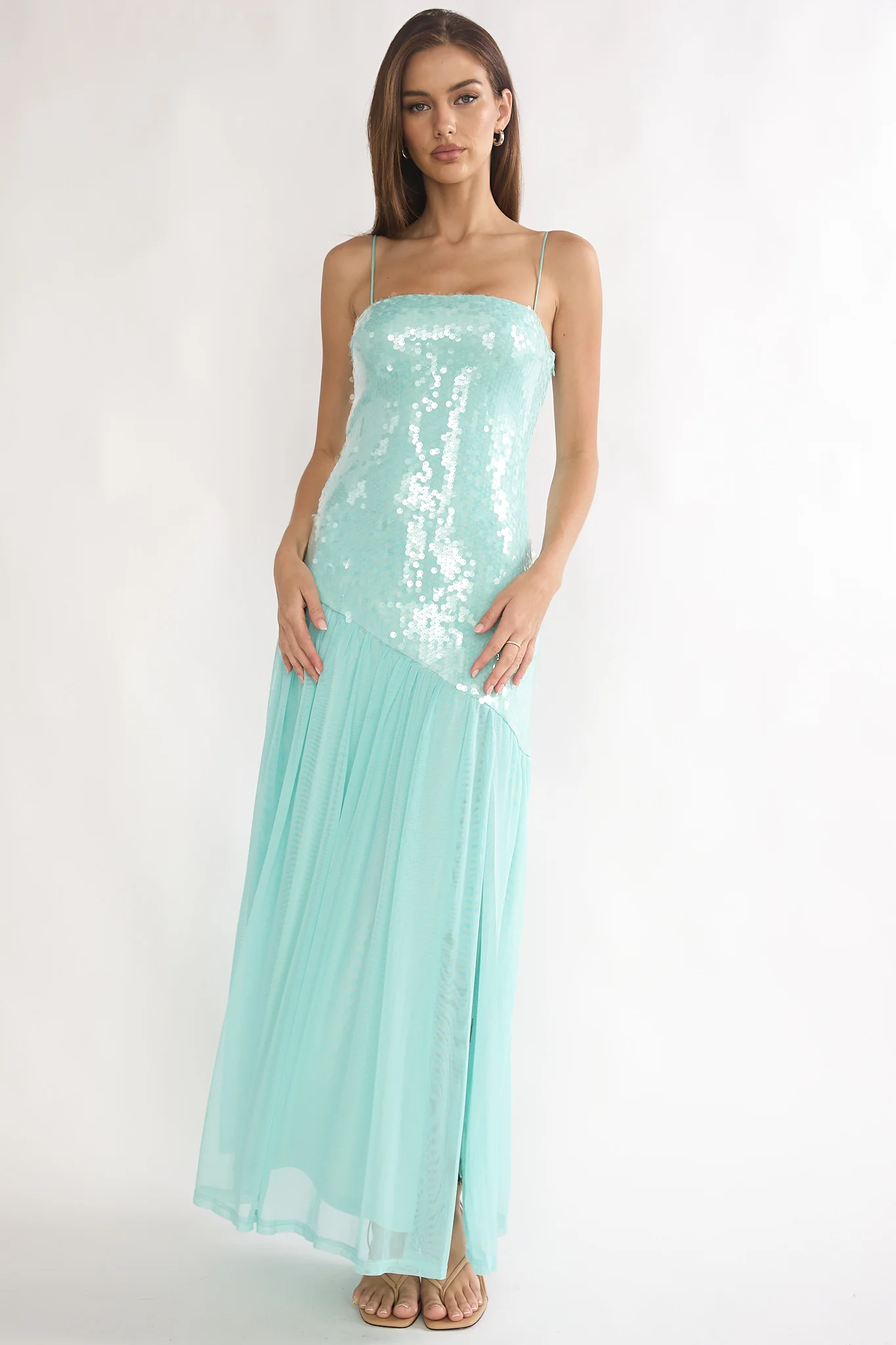 Azure Sun Drop Waist Split Maxi Dress Sequin Aqua - luluinthesky
