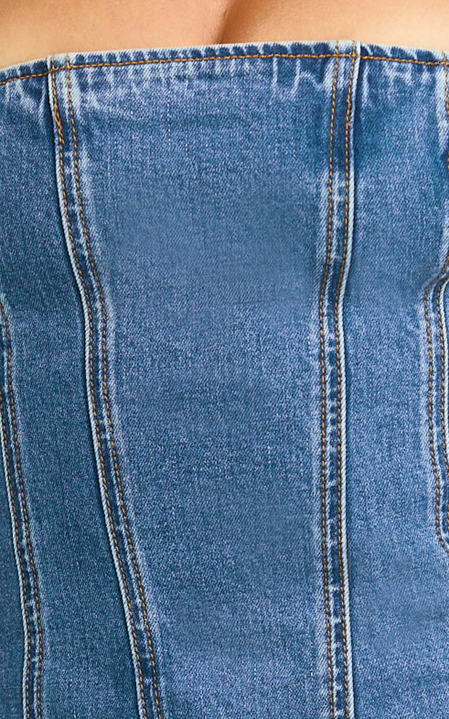 Chaney Top - Panelled Denim Halter Neck Top in Mid Blue Wash