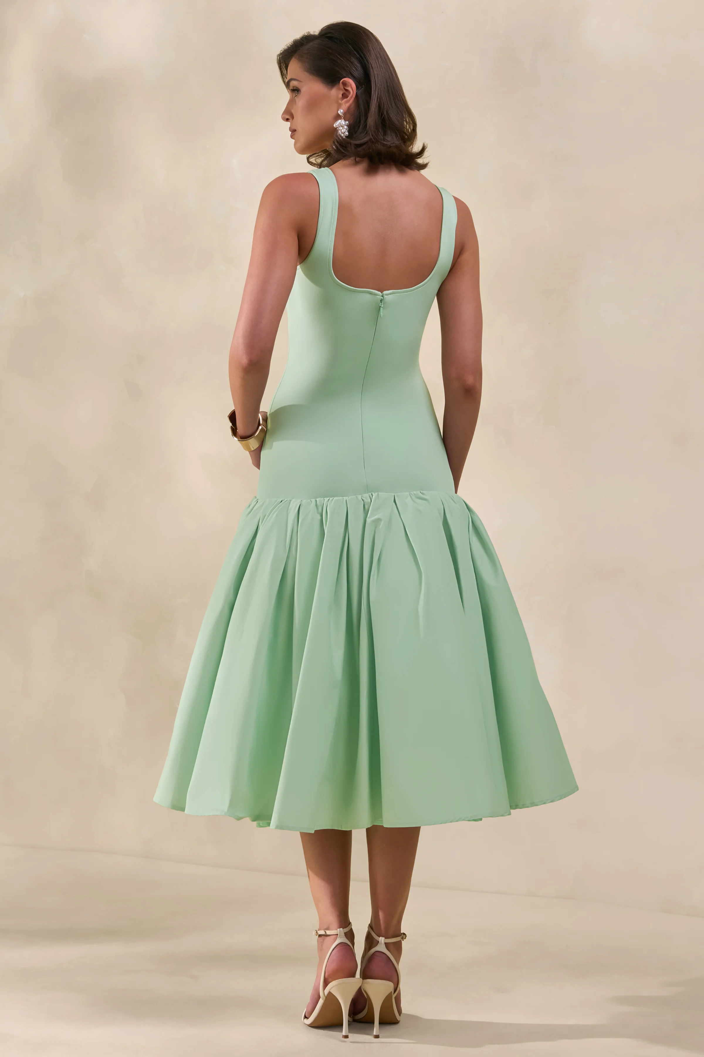 Nanette | Mint Square-Neck Midi Dress With Voluminous Skirt