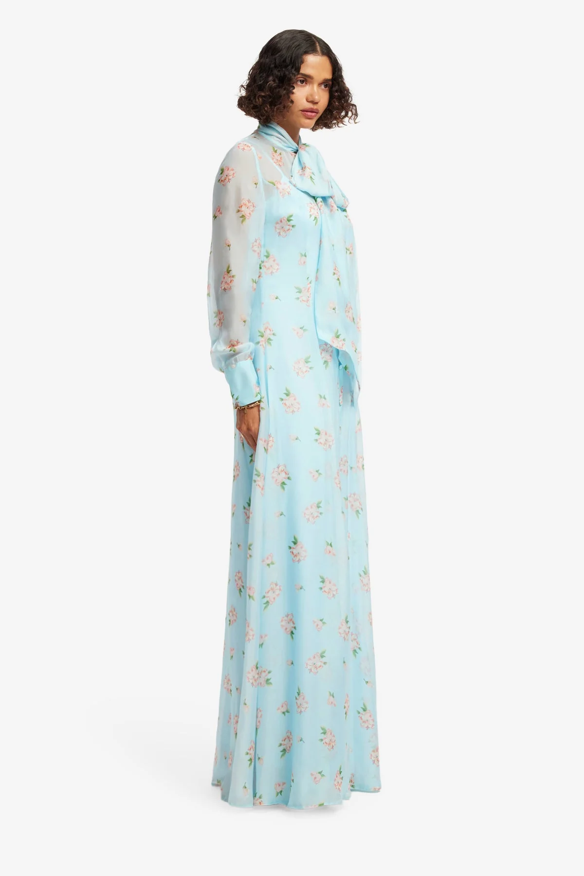Lilith Tie Neck Maxi Dress - Ditsy Floral Print in Blue