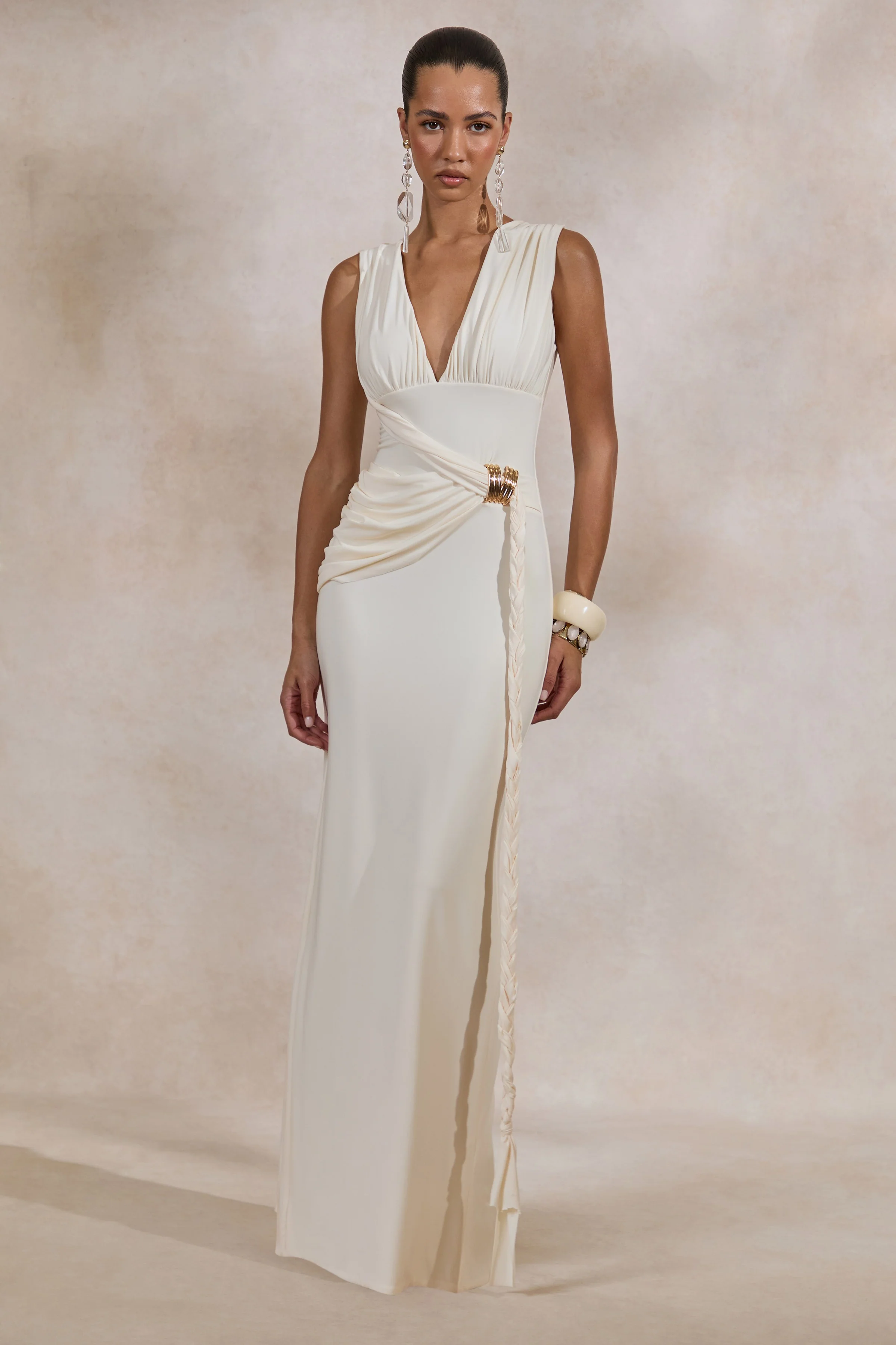 Nalina | Cream Plunge-Neck Maxi Dress With Gathered Detailing And Gold Detail - luluinthesky
