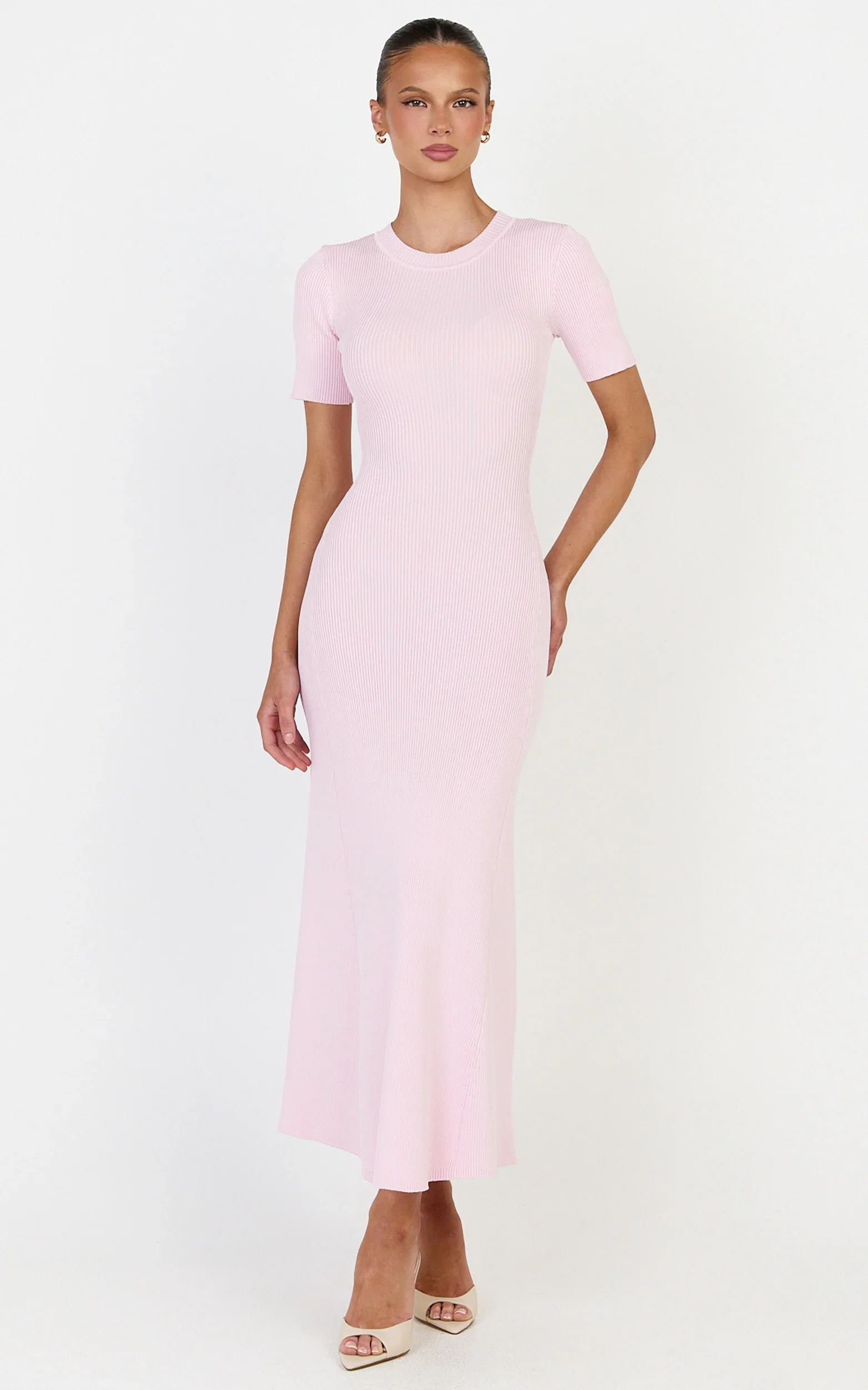 Lanie Midi Dress - Knitted Crew Neck Short Sleeve Dress in Pink