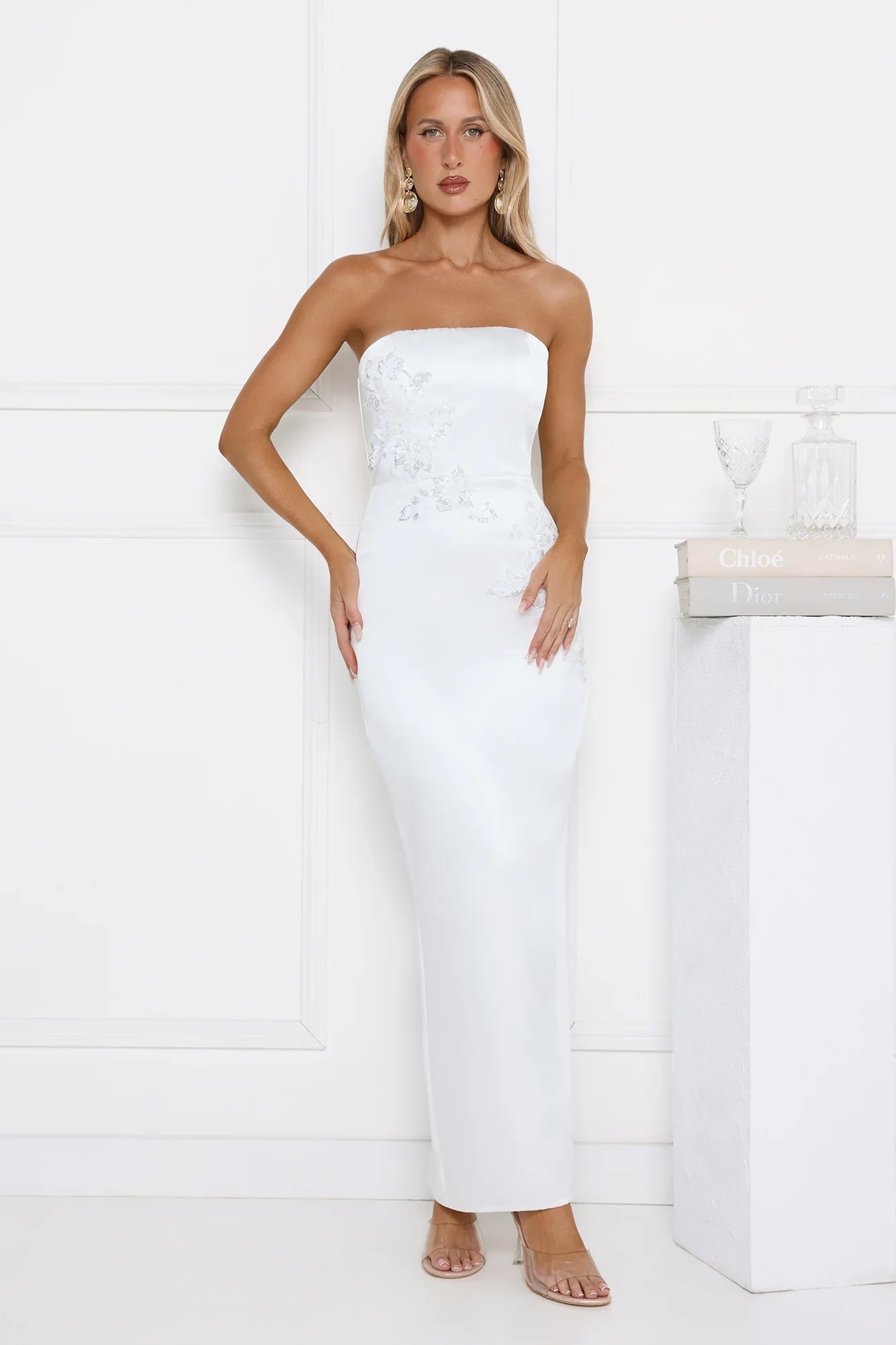 Dusk Desire Strapless Embellished Maxi Dress White