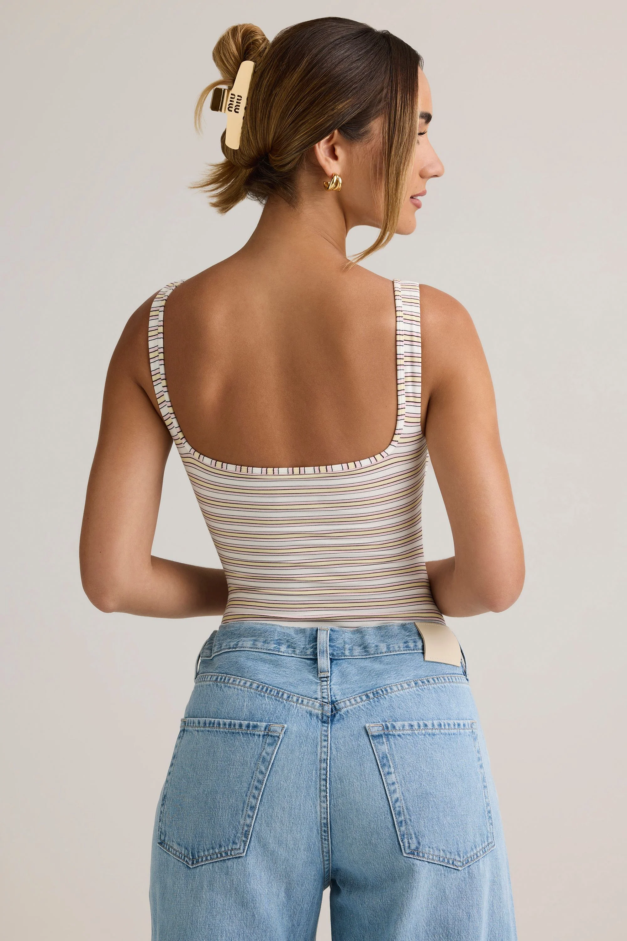 Modal Square-Neck Bodysuit in Pink Yellow Stripe