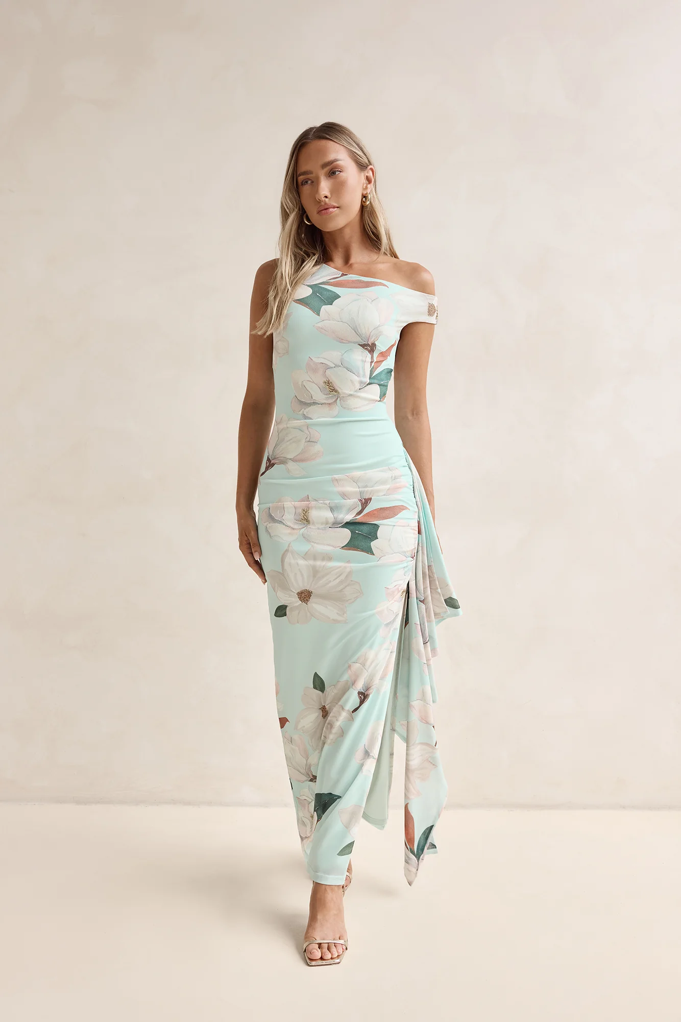 Case Of Flowers Off Shoulder Mesh Maxi Dress Mint