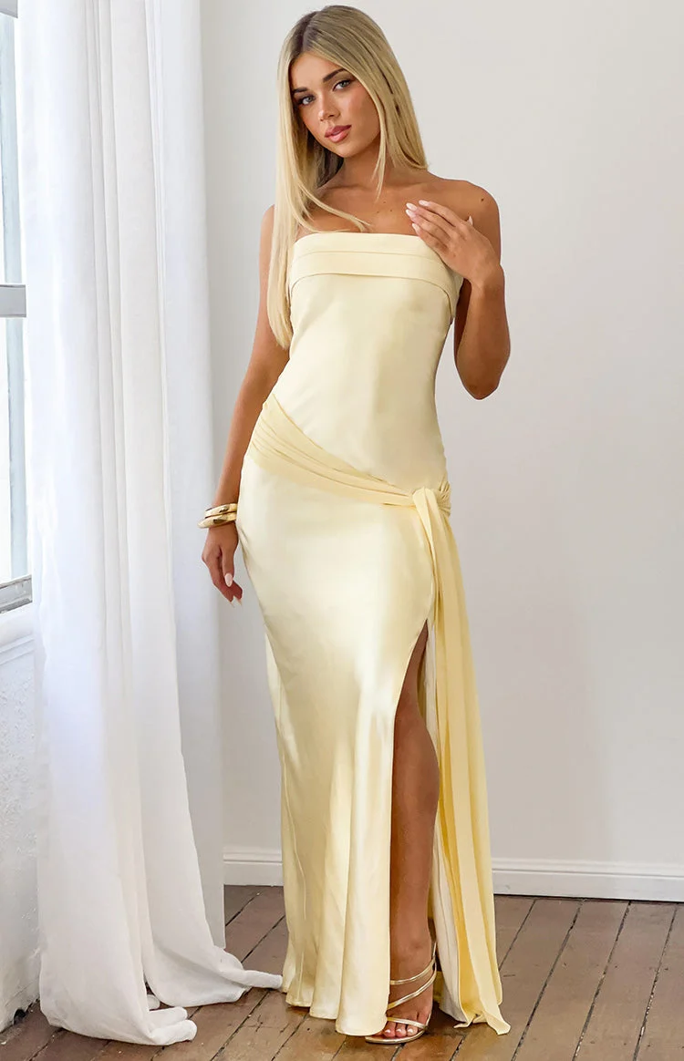 Novie Yellow Tie Detail Satin Strapless Maxi Dress