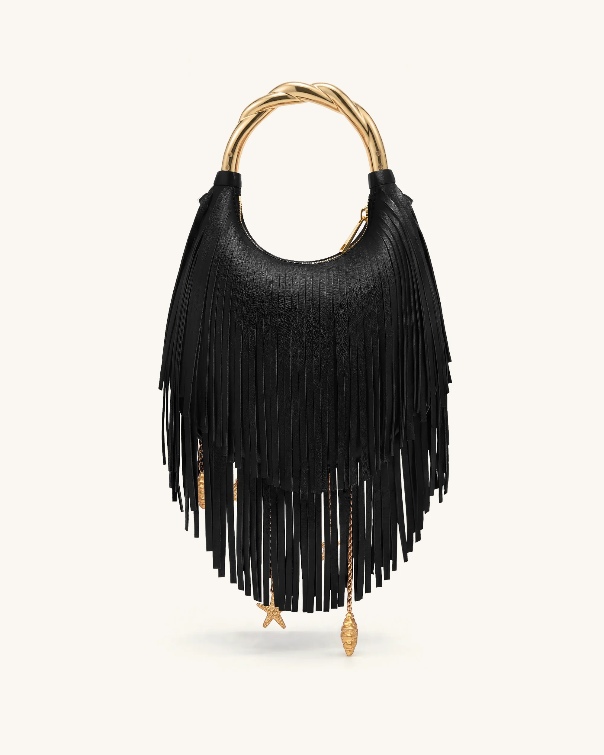 Chloe Metal Handle Fringe Top Handbag - Black