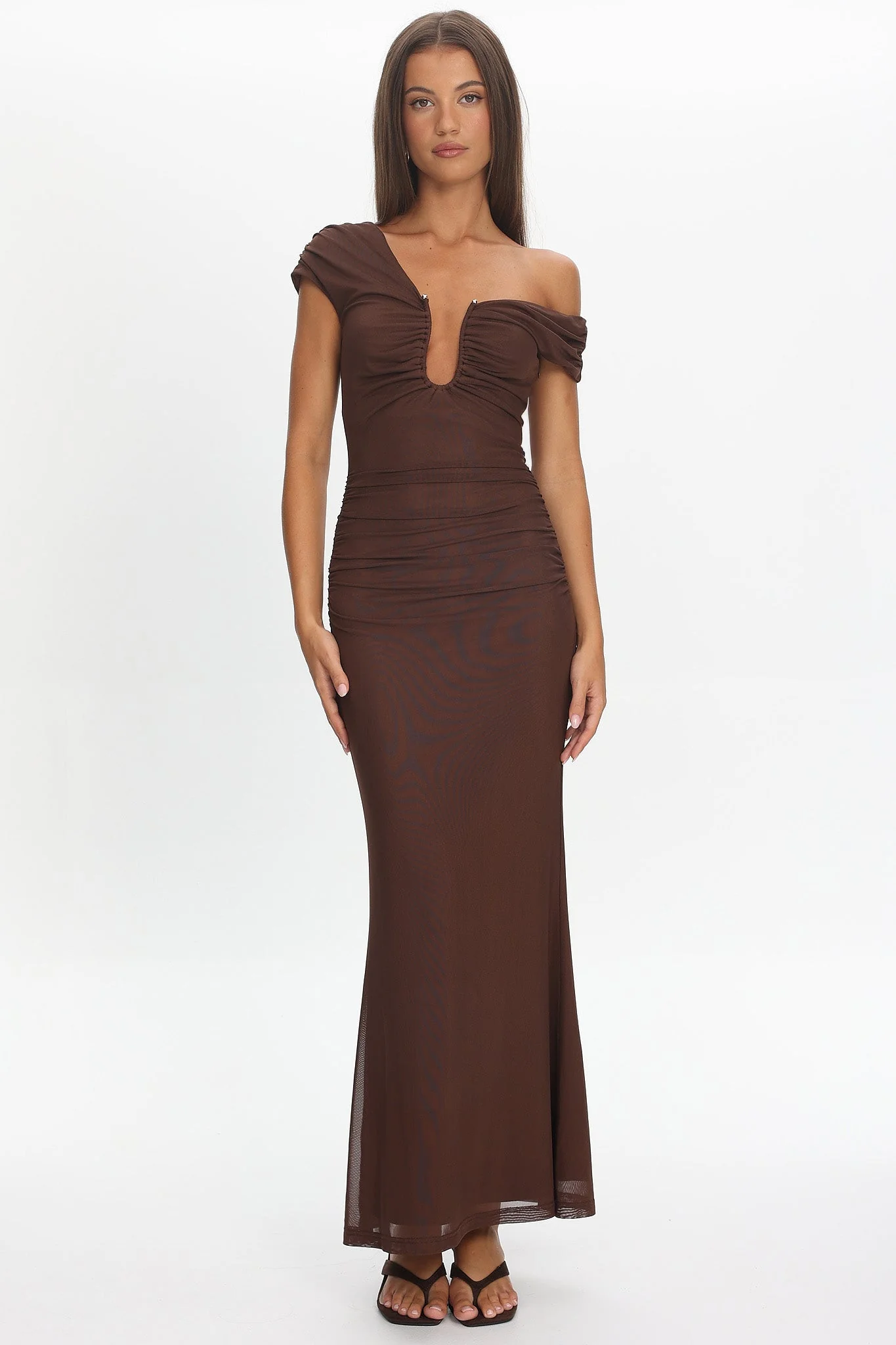 Raeva Ruched U-Neckline Maxi Dress Chocolate