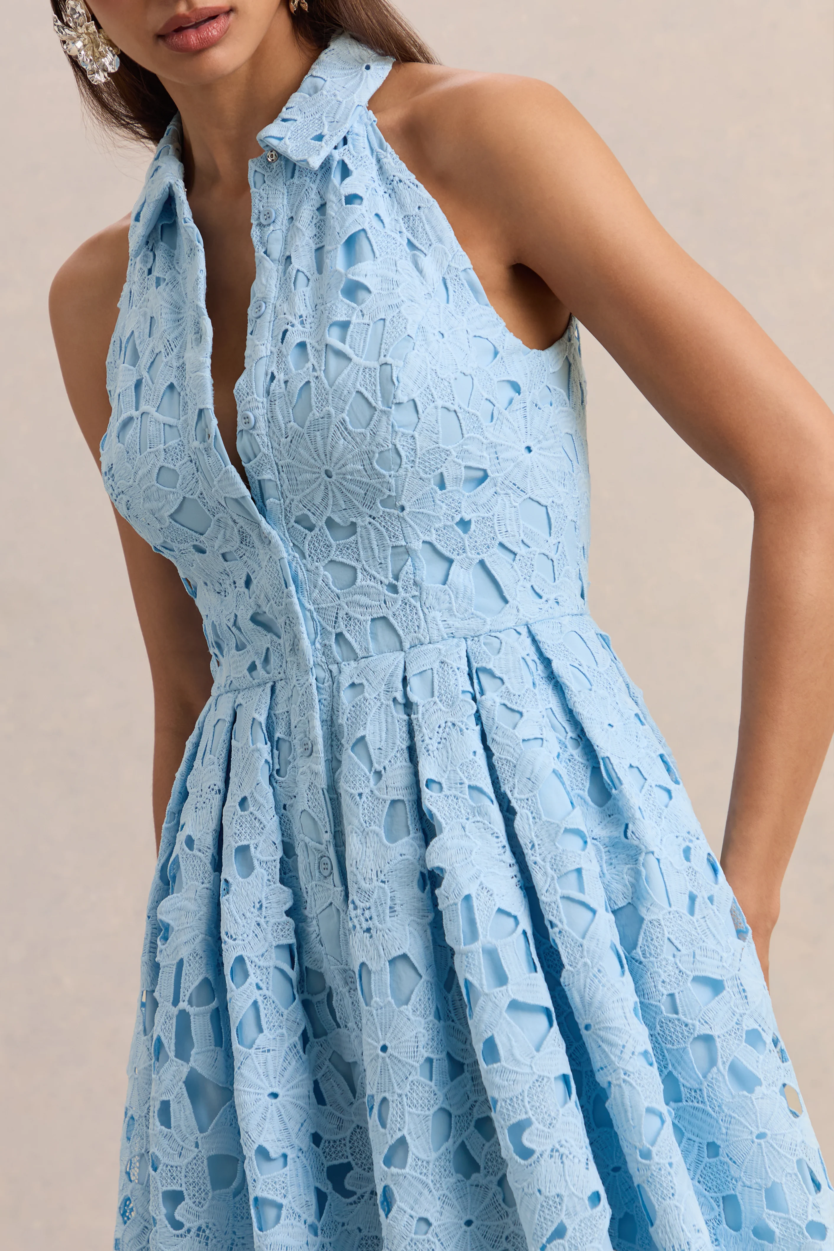 Milly | Powder Blue Lace Halter-Neck Mini Dress